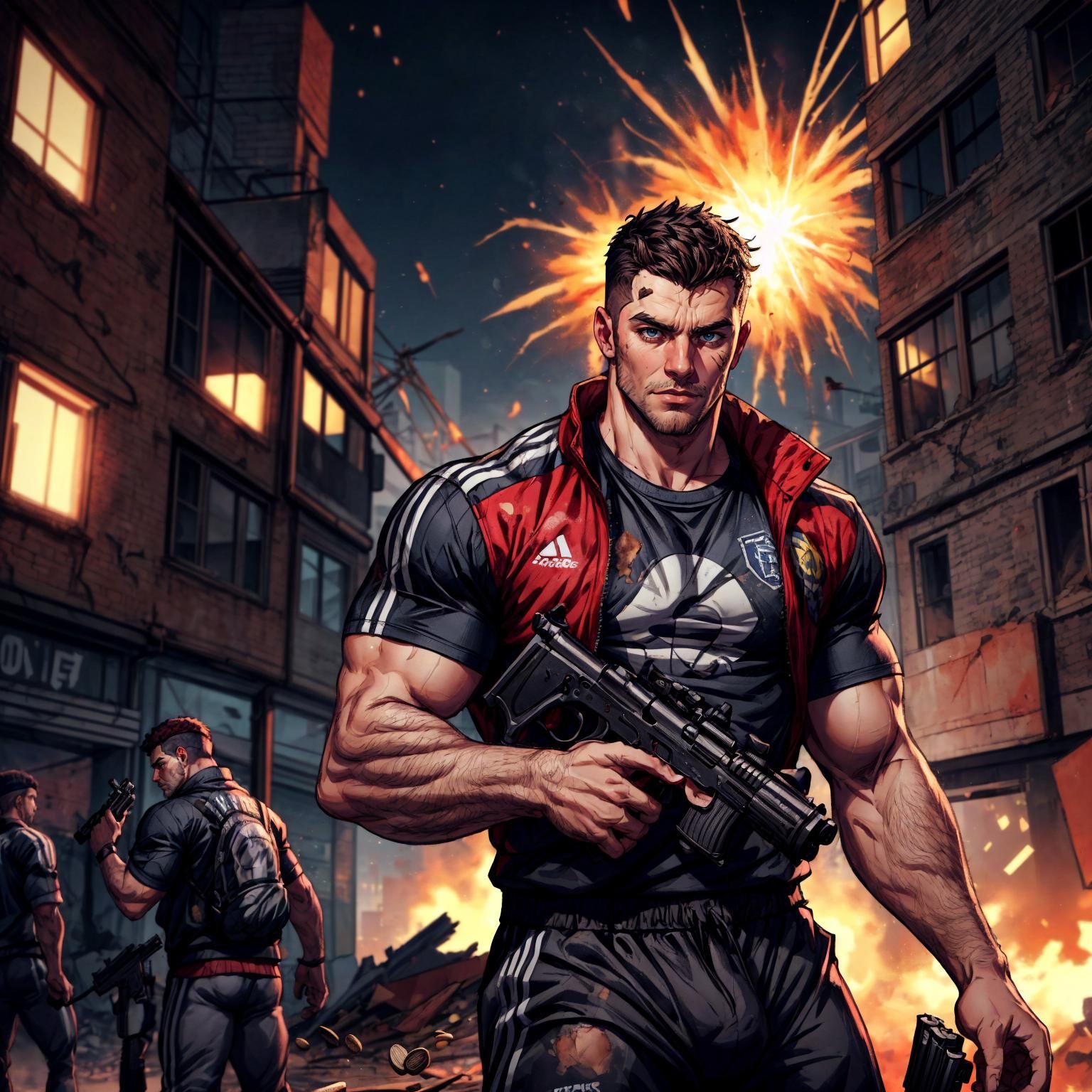 (best quality, masterpiece, realistic, dynamic background), a handsome man, chav, scally, mancunian, black athletic clothes, playing in a game, virtual world, ruined buildings, game world, losers explode into coins, carrying gun depth of field, dof, cinematic lighting, bokeh