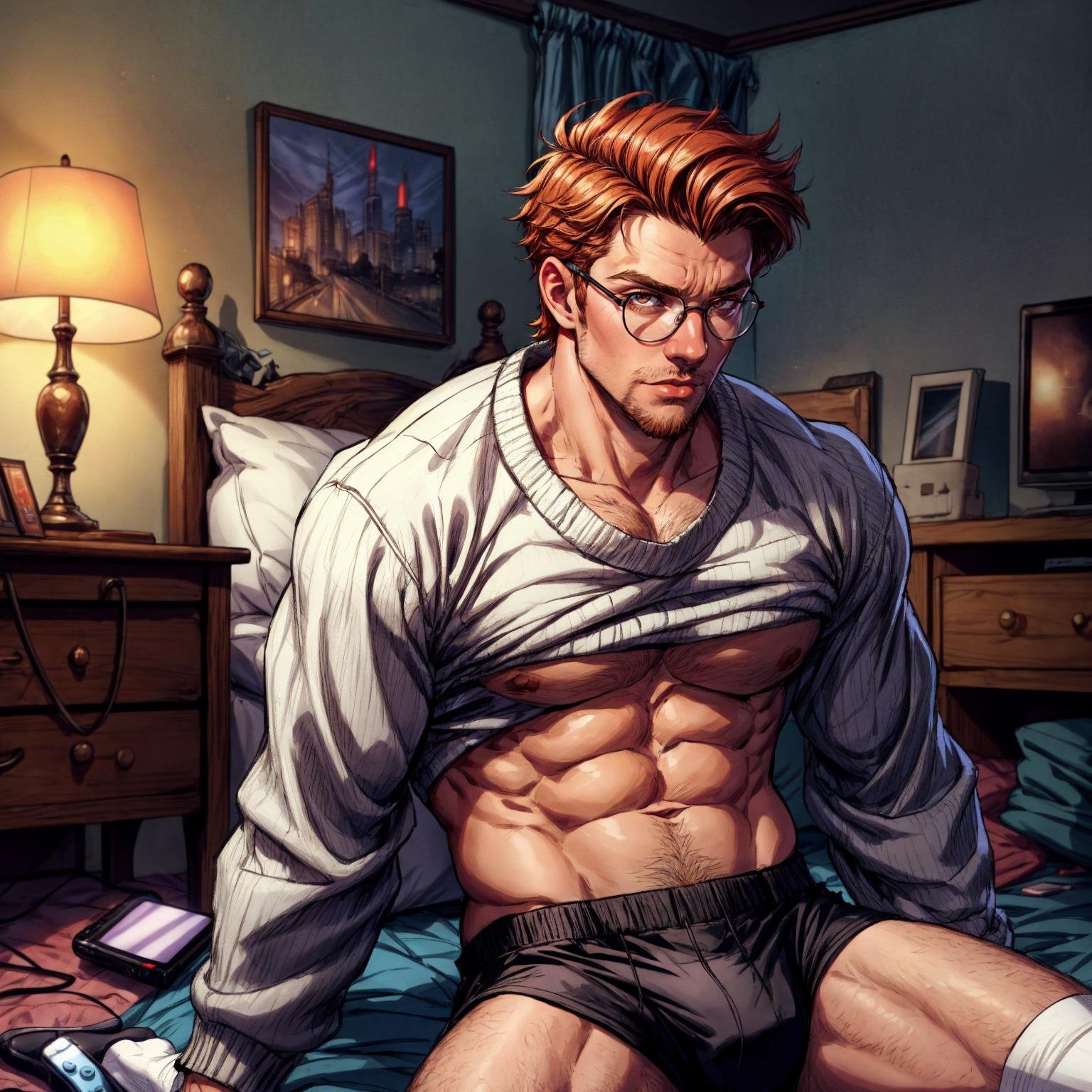 best quality, detailed, ultra detailed, intricate details, depth of field, cinematic lighting, bokeh, absurdres,  detailed background, dynamic background, a handsome man, fair skin, ginger hair, handsome, glasses, masculine, goatee, slim, cozy lighting, soft focus, sitting on floor, white socks, baggy sweater, black briefs, shirtless, 80s heartthrob, 80s, 1980s \(style\), bedroom, bedroom clutter, retro, game console, cowboy shot,