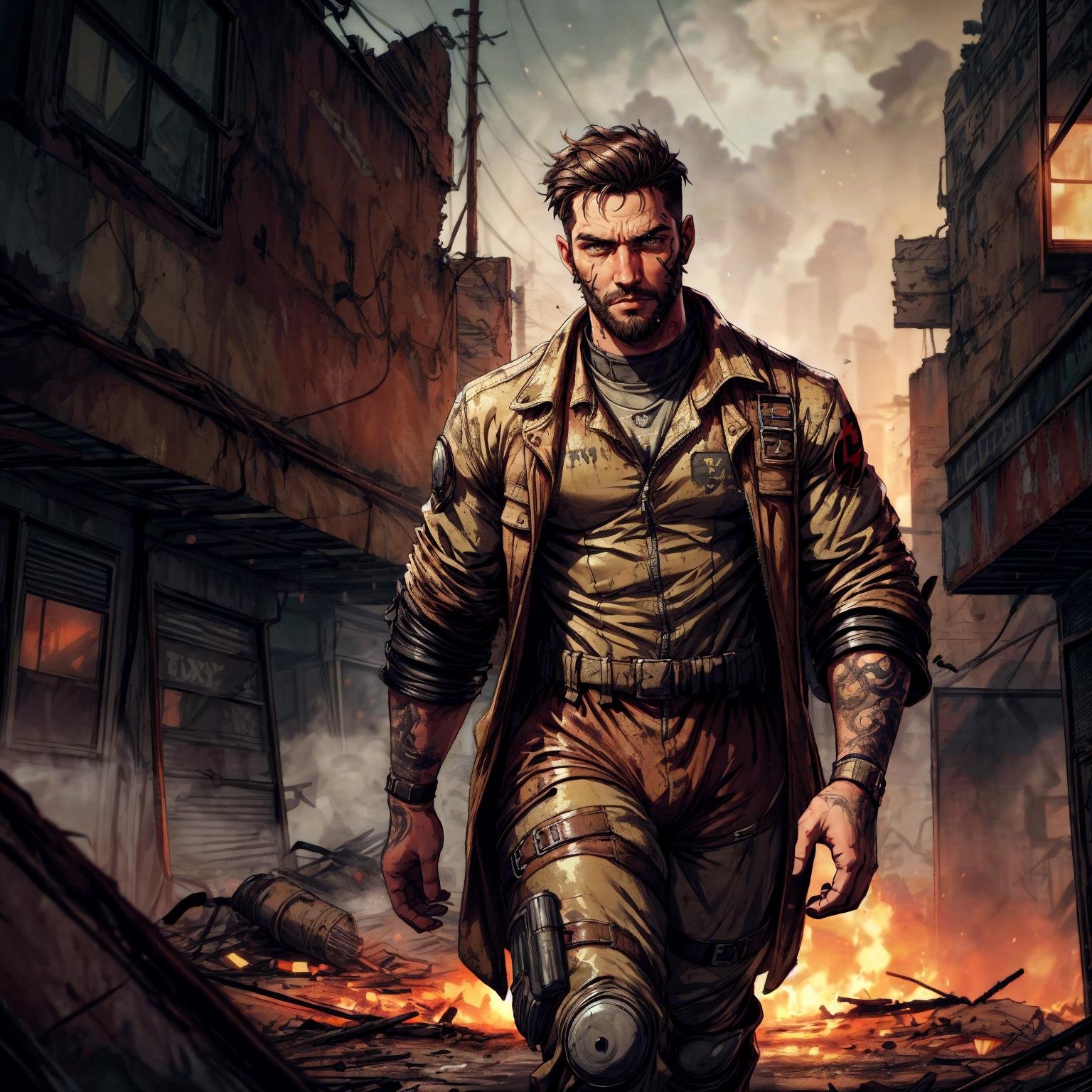 best quality, masterpiece, (fallout universe, fallout, post apocalyptic:1.1), a handsome man, walking over the wastelands, rough clothes, vaulttec jumpsuit, jumpsuit, leather trenchcoat, big hairy pecs, blackout tattoos, pipboy, depth of field, dof, cinematic lighting, bokeh