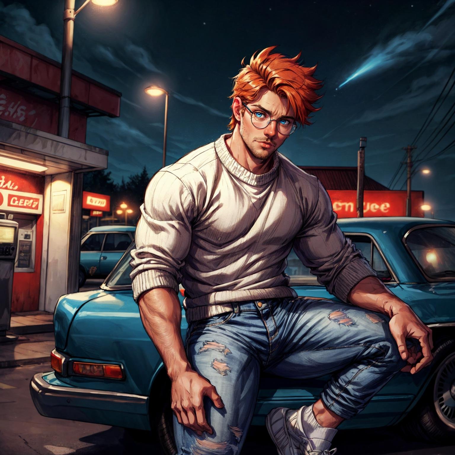 best quality, detailed, ultra detailed, intricate details, depth of field, cinematic lighting, bokeh, absurdres,  detailed background, 1boy, fair skin, messy, short orange hair, blue eyes, facial hair, gas station, 1990s \(style\), 90s, 90s heartthrob, old, vintage, retro, colorful atmosphere, cozy lighting, volumetric lighting, white socks, (wearing old sweater), car, getting gas, ripped jeans, glasses, surprised, neon, solo, night,