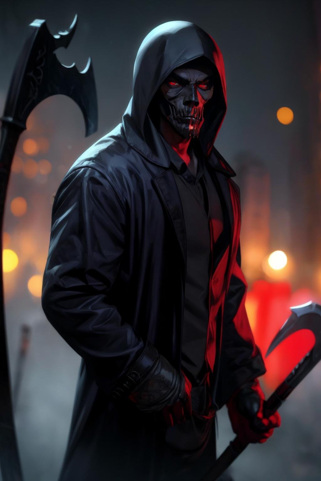 a handsome male, grim reaper looking like a fuckboy, chav, holding scythe, red eyes, depth of field, dof, cinematic lighting, bokeh