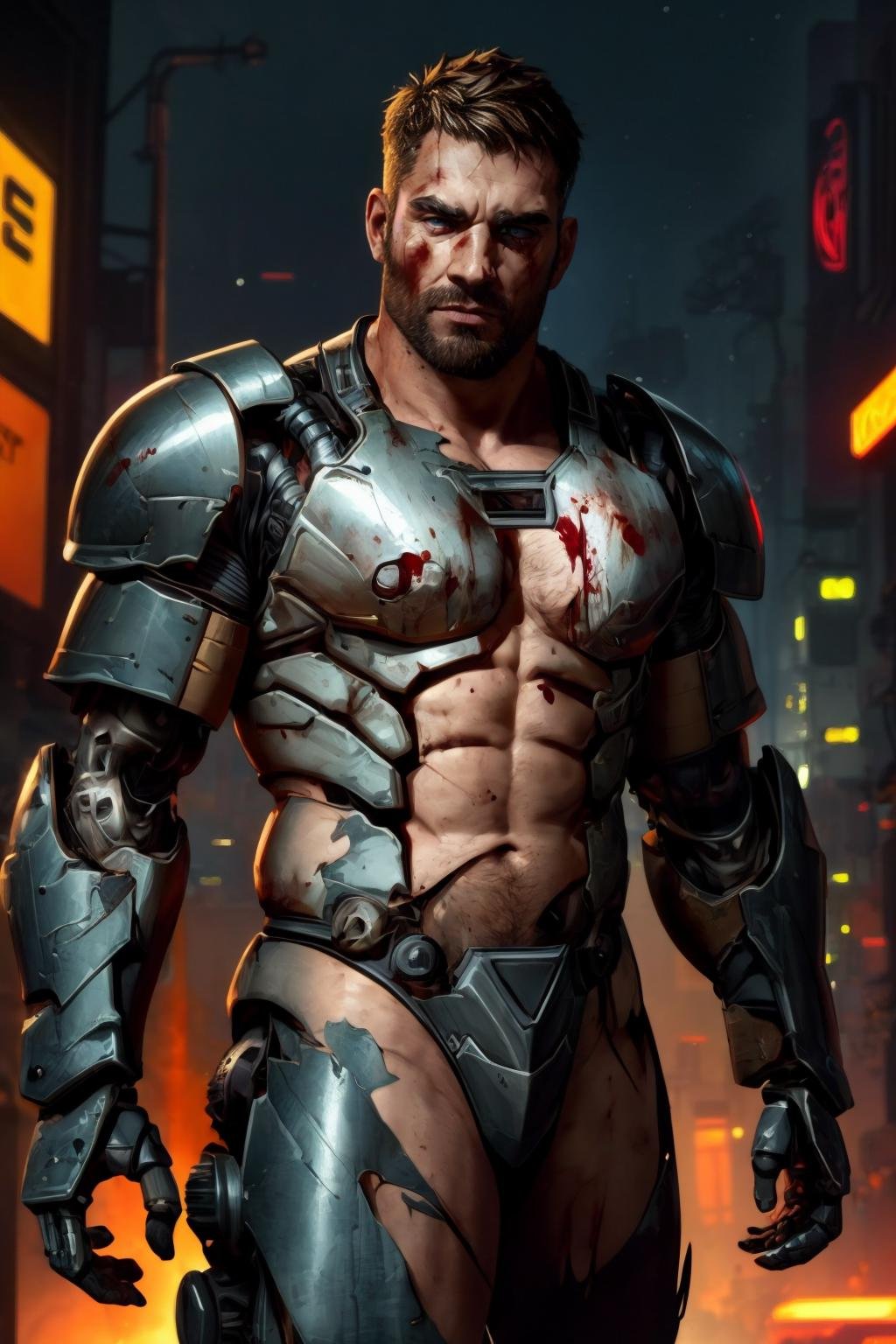 a handsome male, science fiction, cyberpunk, sci-fi, cybernetic ninja, cyborg, (damaged armor, ripped armor, broken armor:1.2), leather trench coat,  exposed chest, hairy chest, blood, wires out of body, damaged, best quality, absurdres,  depth of field, dof, cinematic lighting, bokeh