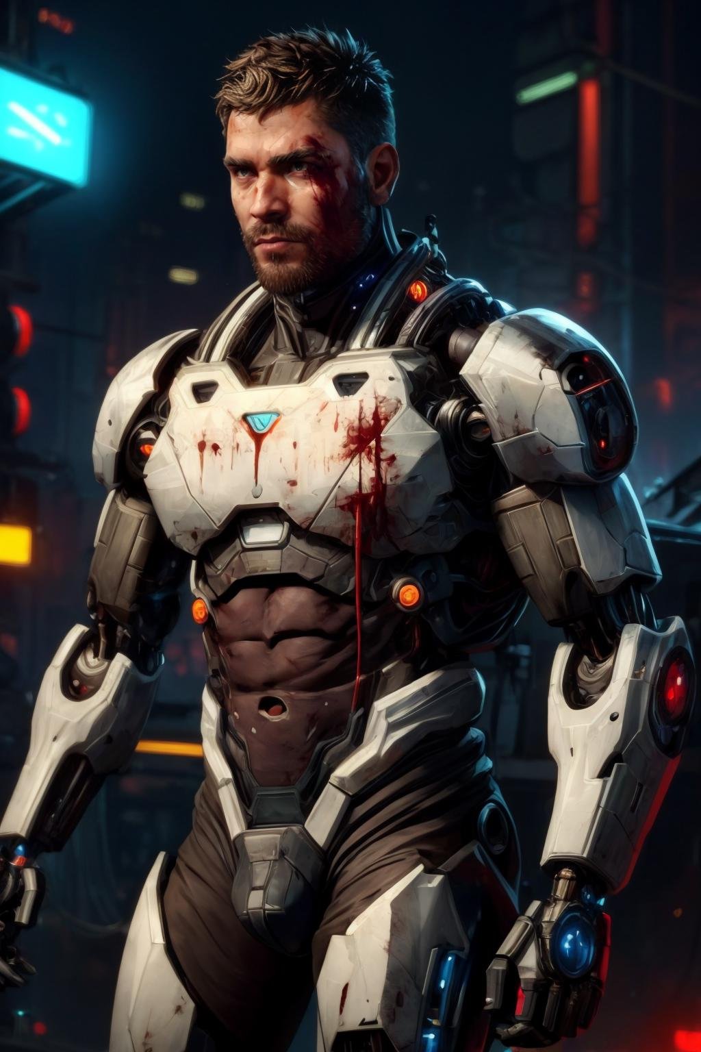 a handsome male, science fiction, cyberpunk, sci-fi, cybernetic ninja, cyborg, damaged armor, exposed chest, hairy chest, blood, wires out of body, damaged, depth of field, dof, cinematic lighting, bokeh