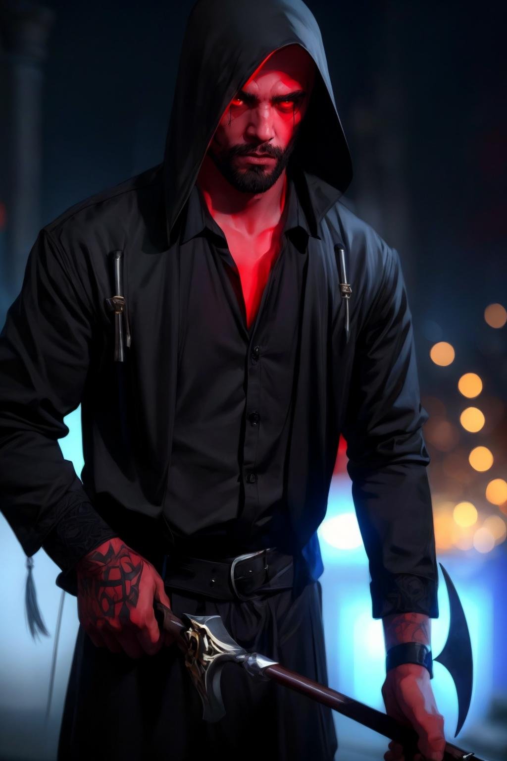 a handsome male, grim reaper looking like a fuckboy, chav, holding scythe, red eyes, best quality, masterpiece, absurdres, depth of field, dof, cinematic lighting, bokeh