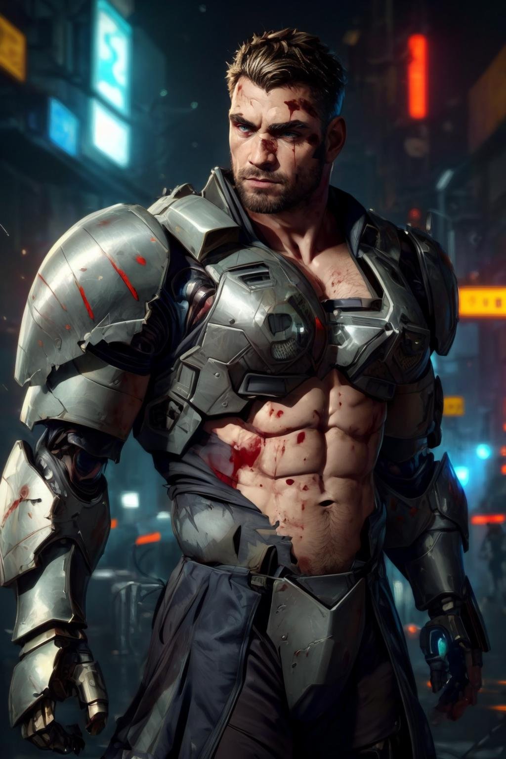 a handsome male, science fiction, cyberpunk, sci-fi, cybernetic ninja, cyborg, (damaged armor, ripped armor, broken armor:1.2), leather trench coat,  exposed chest, hairy chest, blood, wires out of body, damaged, depth of field, dof, cinematic lighting, bokeh