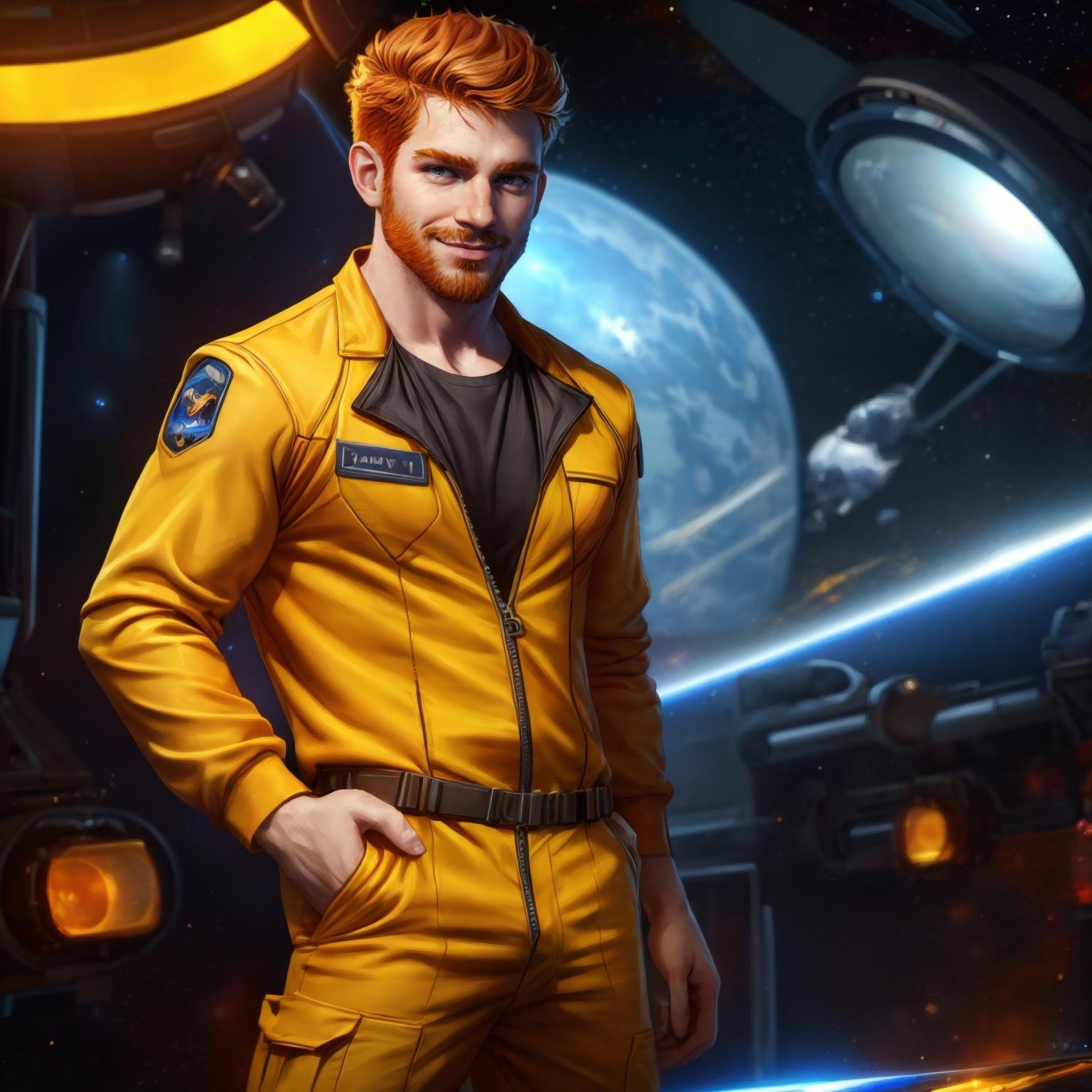 solo, stubble, looking at viewer, inside spacecraft, science fiction, 1boy, pose, ginger hair, fair skin, smirk, dynamic pose, yellow jumpsuit, open jumpsuit, exposed pecs, tool belt, space, hairy, best quality, cinematic light, bokeh, dof, depth of field,