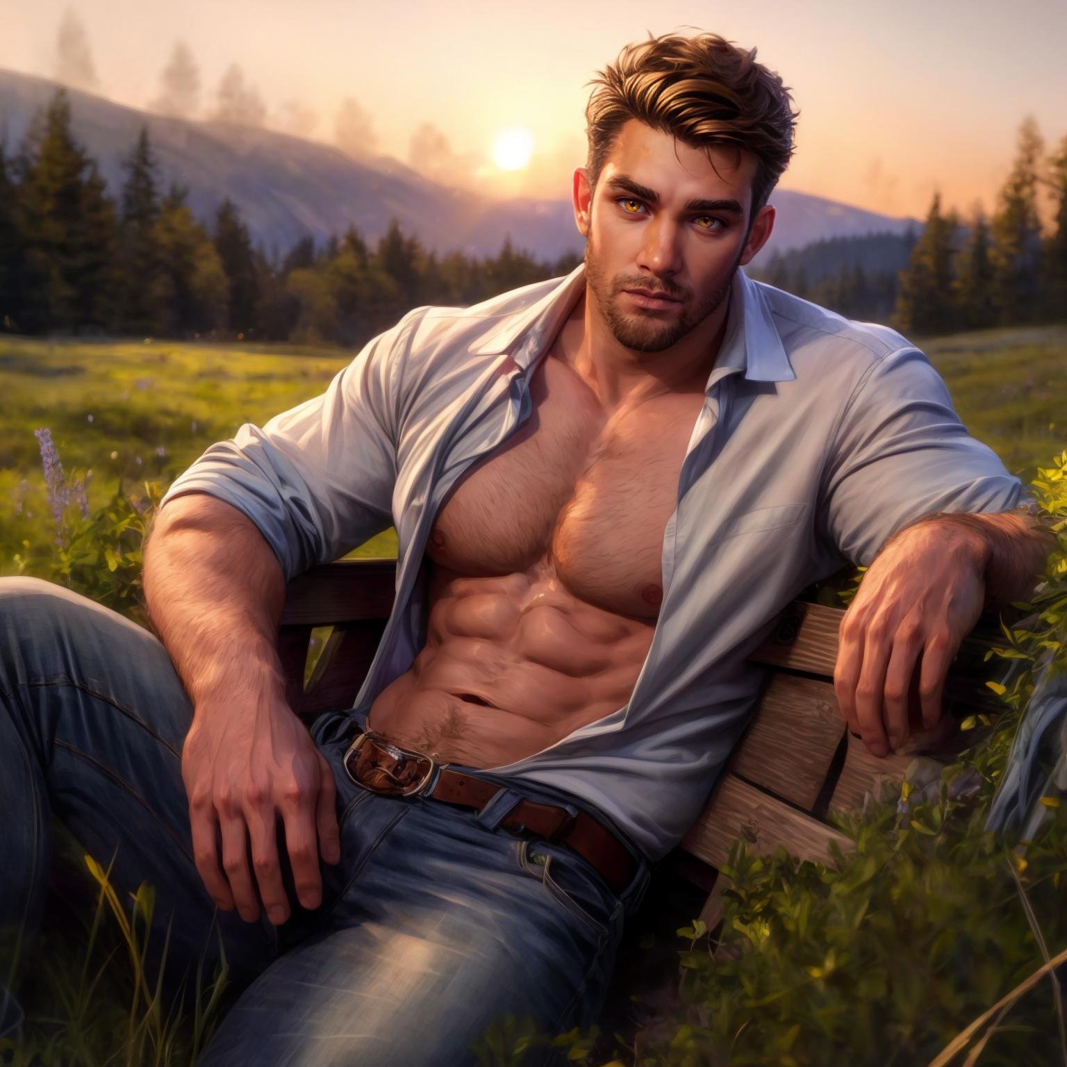 best quality, detailed, absurdres, depth of field, dof, cinematic lighting, bokeh, good anatomy, (best quality, masterpiece:1.2), epic, ultra detailed, detailed background, intricate details, a handsome man, vampire, yellow eyes, pale skin, perfect skin, 1990s, open shirt, jeans, sitting in a meadow, seductive, brown hair, shimmering skin, shining like a diamond, twilight, 