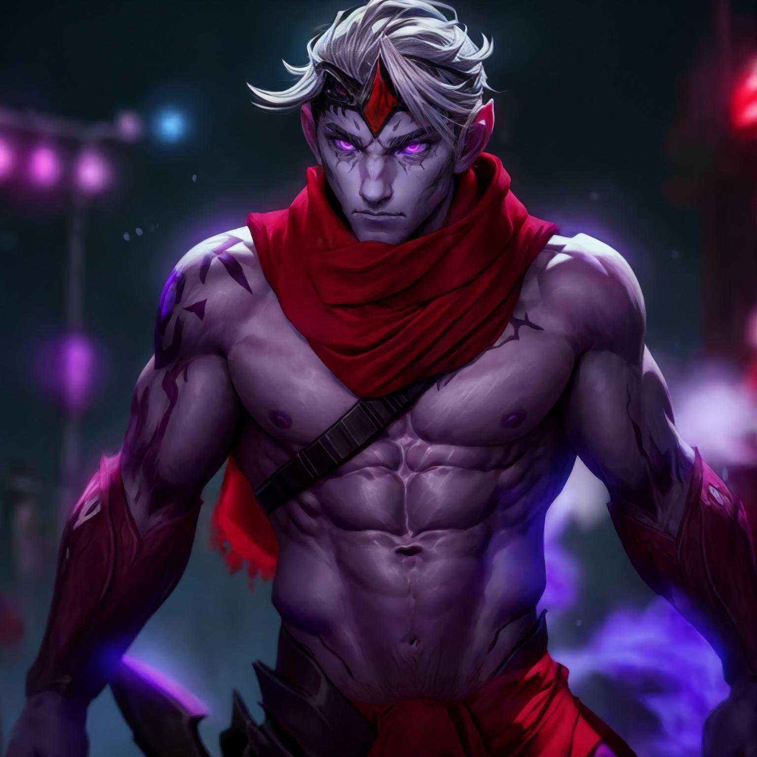 male focus, grey skin, abs, purple glowing eyes, facial mark, red scarf, varus, best quality, depth of field, cinematic lighting, bokeh, <lora:20231226-1703561838580:1>