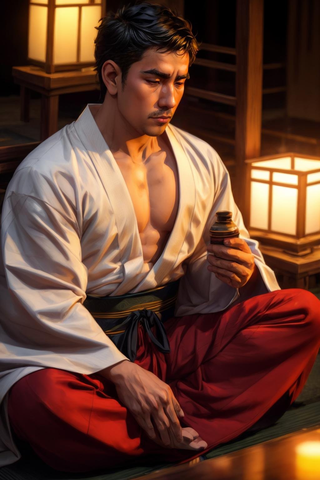 a handsome male, ninja, short black hair, asian, brown eyes, kimono, meditating, best quality, absurdres,  depth of field, dof, cinematic lighting, bokeh