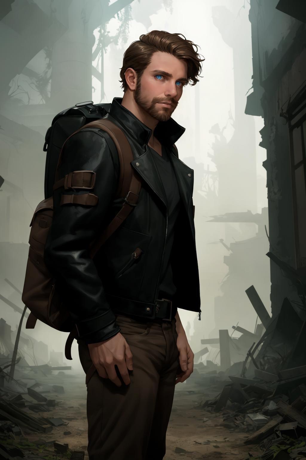 (best quality, masterpiece, epic, absurdres, detailed), shallow dof, soft bokeh, a handsome man, dynamic pose, abandoned ruins in background, low light, cinematic atmosphere, post apocalyptic, German, black leather jacket, short brown hair, blue eyes, backpack, overgrown, hairy, 