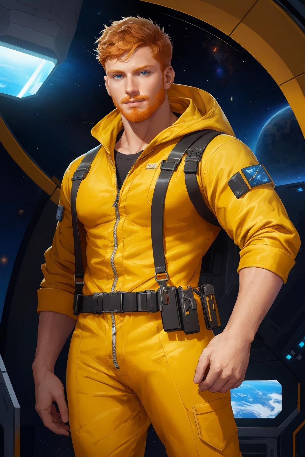 (best quality, masterpiece, epic, absurdres, detailed), shallow dof, soft bokeh, science fiction, sci-fi, inside spaceship,  a handsome male, ginger hair, fair skin, smirk, dynamic pose, yellow jumpsuit, open jumpsuit, exposed pecs, tool belt, space, hairy