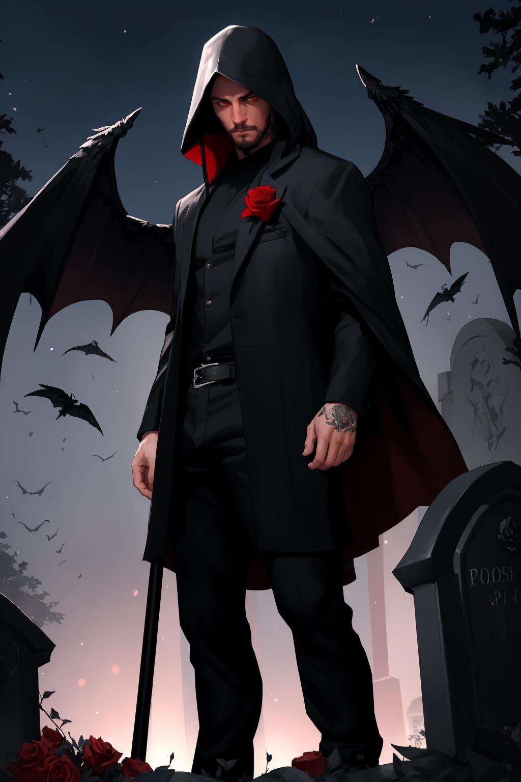 (best quality, masterpiece, epic, absurdres, detailed), shallow dof, soft bokeh, night,  a handsome male, grim reaper looking like a fuckboy, chav, red eyes, large black wings, holding a black rose, standing over a grave, from below,