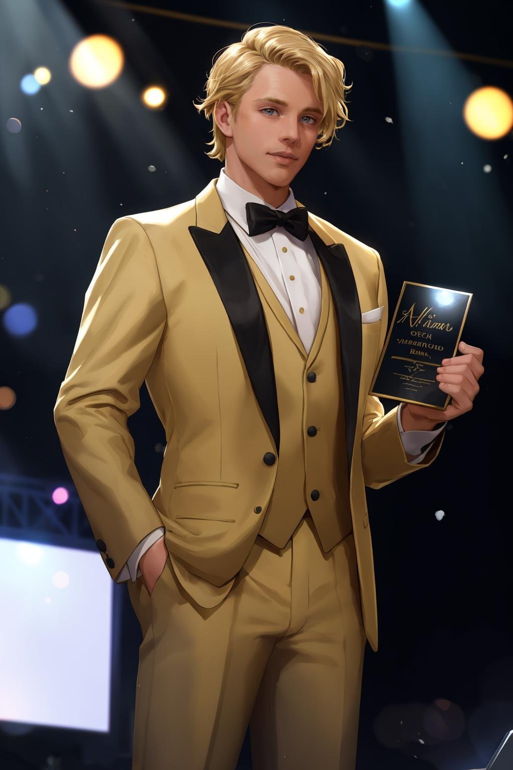 (best quality, masterpiece, epic, absurdres, detailed), shallow dof, soft bokeh, a handsome man, ash blond hair, standing on a stage, accepting award, tuxedo