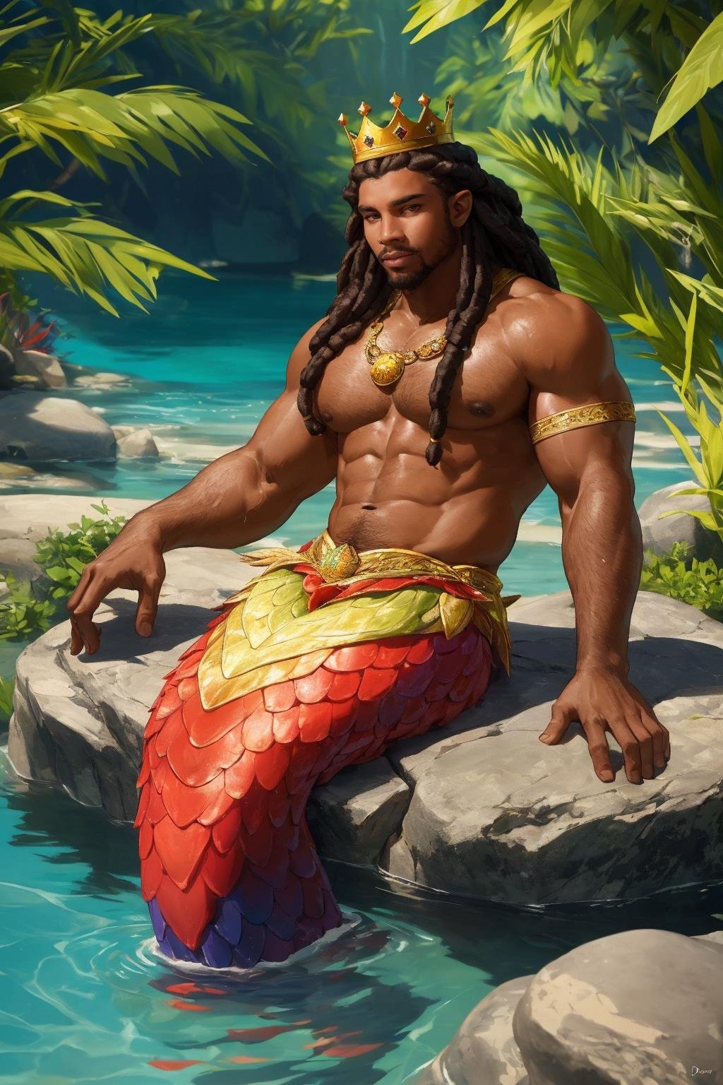 (best quality, masterpiece, epic, absurdres, detailed), shallow dof, soft bokeh, a handsome male, dark skin, king, crown, dreadlocks, broad shoulders, mermaid, colorful tail, sitting on rock water, colorful fins, 