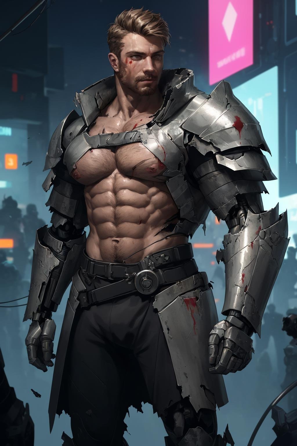 (best quality, masterpiece, epic, absurdres, detailed), shallow dof, soft bokeh, a handsome male, science fiction, cyberpunk, sci-fi, cybernetic ninja, cyborg, (damaged armor, ripped armor, broken armor:1.2), leather trench coat, exposed chest, hairy chest, blood, wires out of body, damaged, 