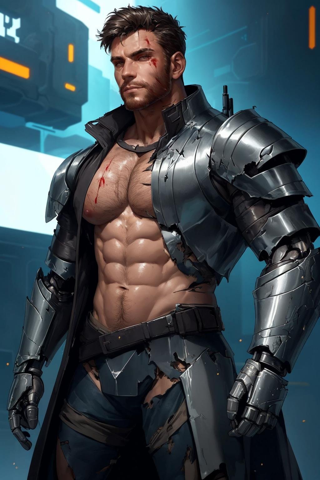 (best quality, masterpiece, epic, absurdres, detailed), shallow dof, soft bokeh, a handsome male, science fiction, cyberpunk, sci-fi, cybernetic ninja, cyborg, (damaged armor, ripped armor, broken armor:1.2), leather trench coat, exposed chest, hairy chest, blood, wires out of body, damaged, 