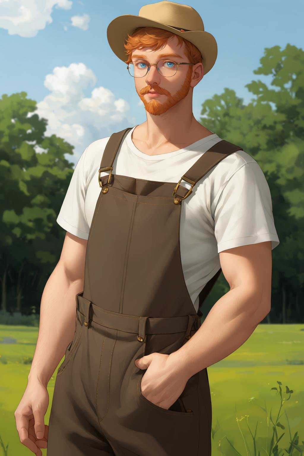 (best quality, masterpiece, epic, absurdres, detailed), shallow dof, soft bokeh, a handsome man, fair skin, pale blue eyes, short ginger hair, farmers tan, hat, overalls, glasses, farmhouse, farm, handsome