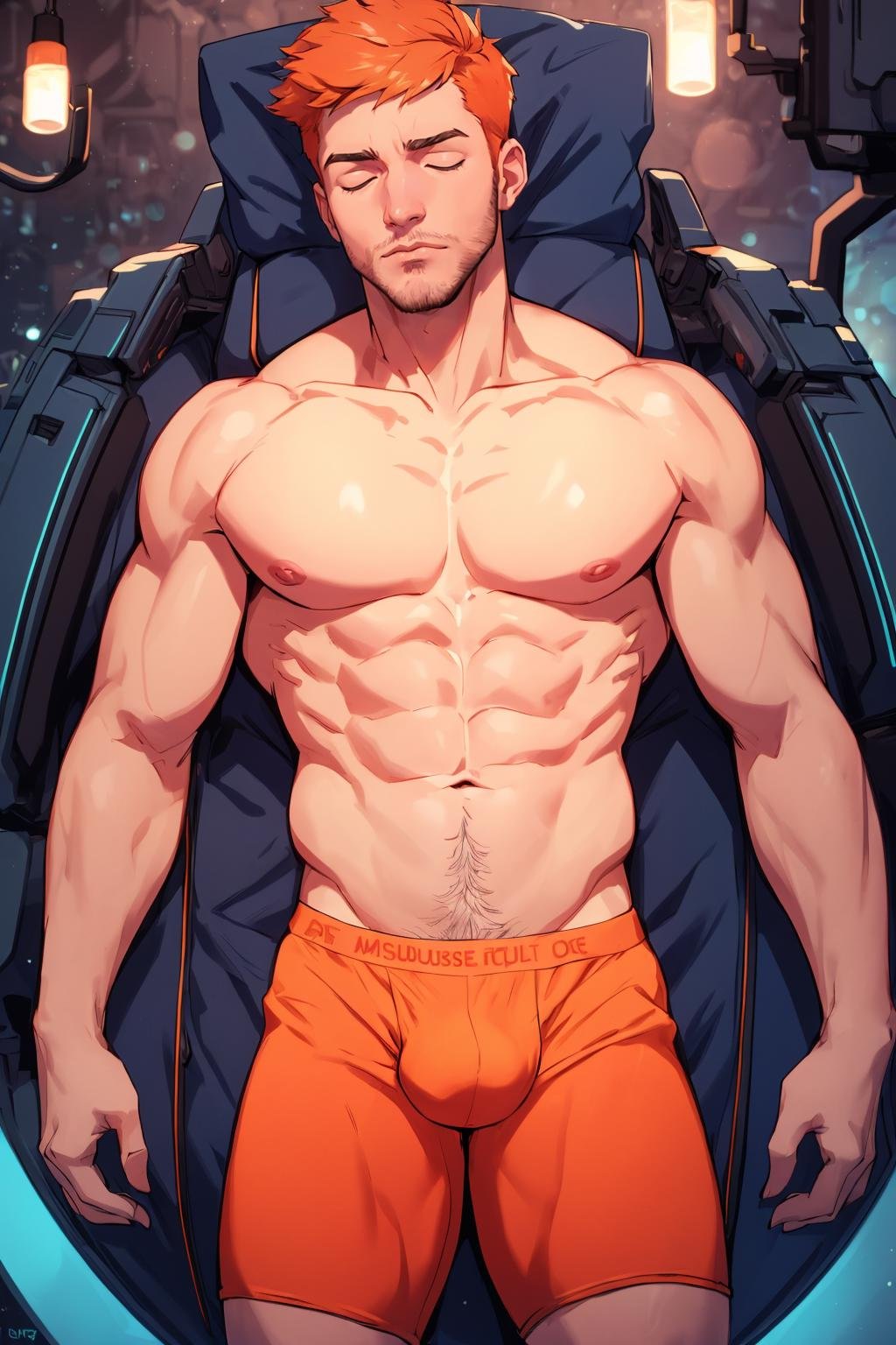 (best quality, masterpiece, detailed, absurdres:1.1), dynamic background, shallow dof, bokeh, a handsome man, science fiction, sci-fi, body hair, sleeping pod, sleeping, topless, orange briefs, short orange hair,