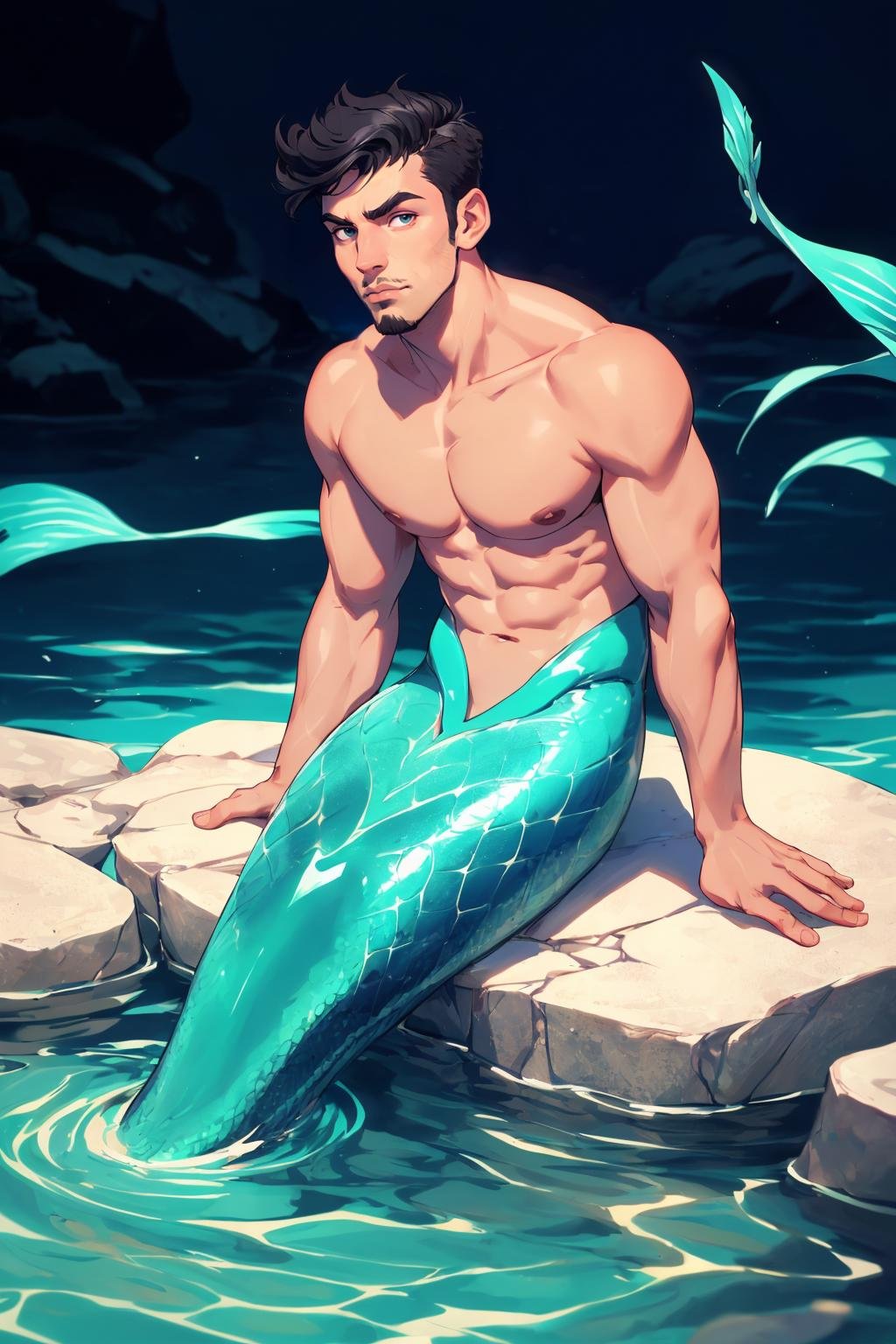 (best quality, masterpiece, detailed, absurdres:1.1), dynamic background, shallow dof, a handsome man, mermaid, colourful tail, sitting on rock water, colourful fins, (((dark skin))), (short black hair)