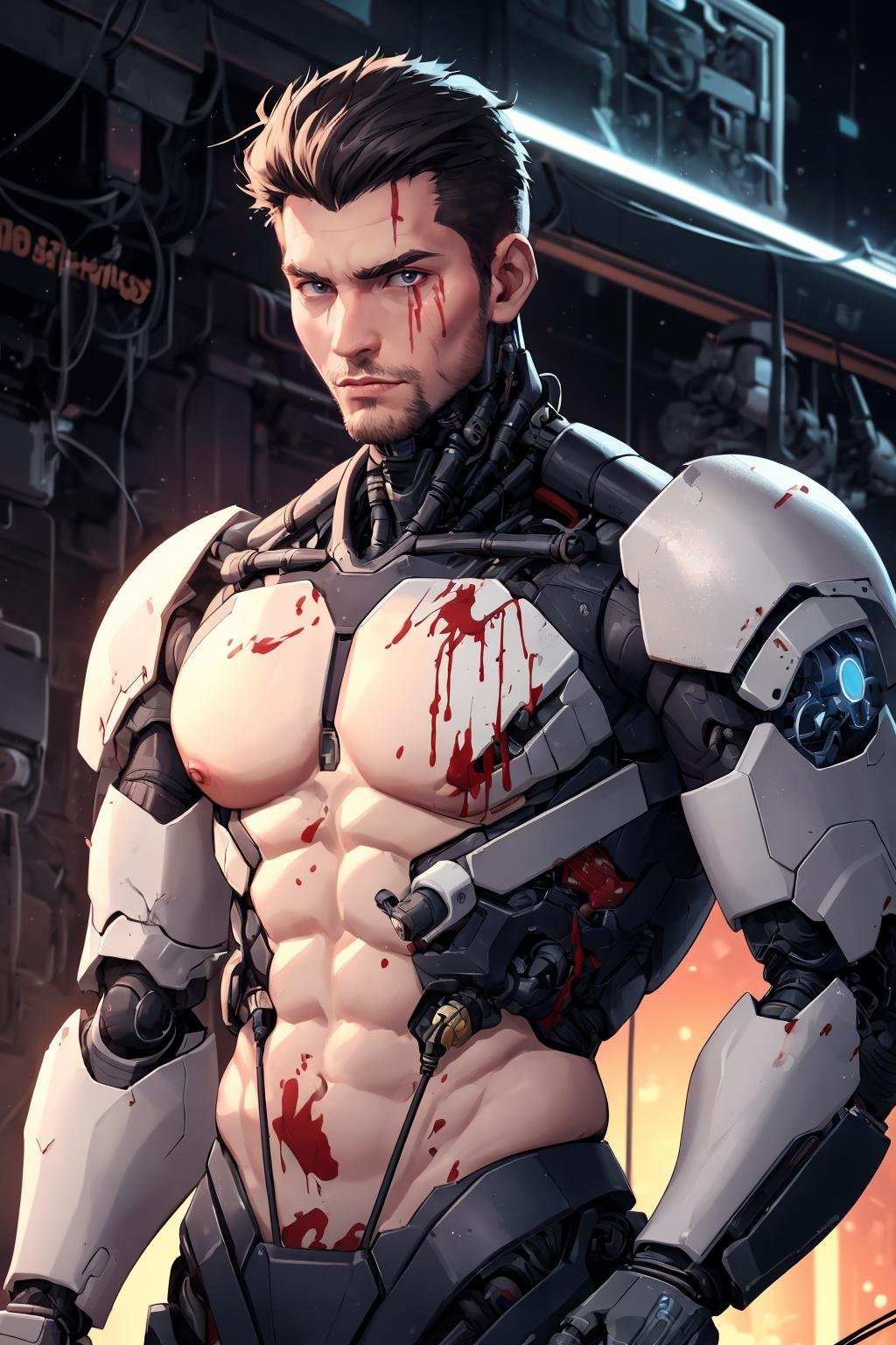 (best quality, masterpiece, detailed, absurdres:1.1), dynamic background, shallow dof, bokeh, a handsome male, science fiction, cyberpunk, sci-fi, cybernetic ninja, cyborg, damaged armor, (exposed chest:1.1), hairy chest, blood, wires out of body, damaged