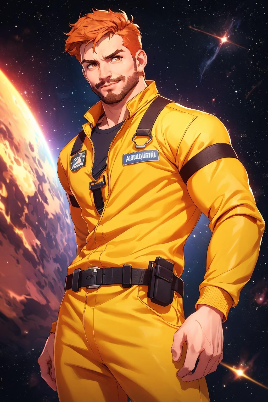 (best quality, masterpiece, detailed, absurdres:1.1), dynamic background, shallow dof, bokeh, a handsome man, ginger hair, fair skin, smirk, dynamic pose, yellow jumpsuit, (open jumpsuit, pecs:1.3), tool belt, space, hairy, best quality, 