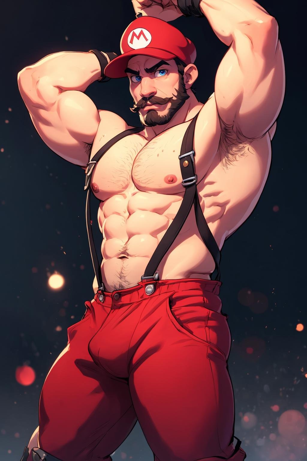 (best quality, masterpiece, detailed, absurdres:1.1), dynamic background, shallow dof, bokeh, (post apocalyptic:1.1), huge hairy pecs, a handsome man, short black hair, large mustache, blue eyes, man dressed as mario, red mario cap, overalls, dirty, topless, hairy, bara, large bulbous nose, looking at viewer, armpit hair, stern expression, moody atmosphere, 