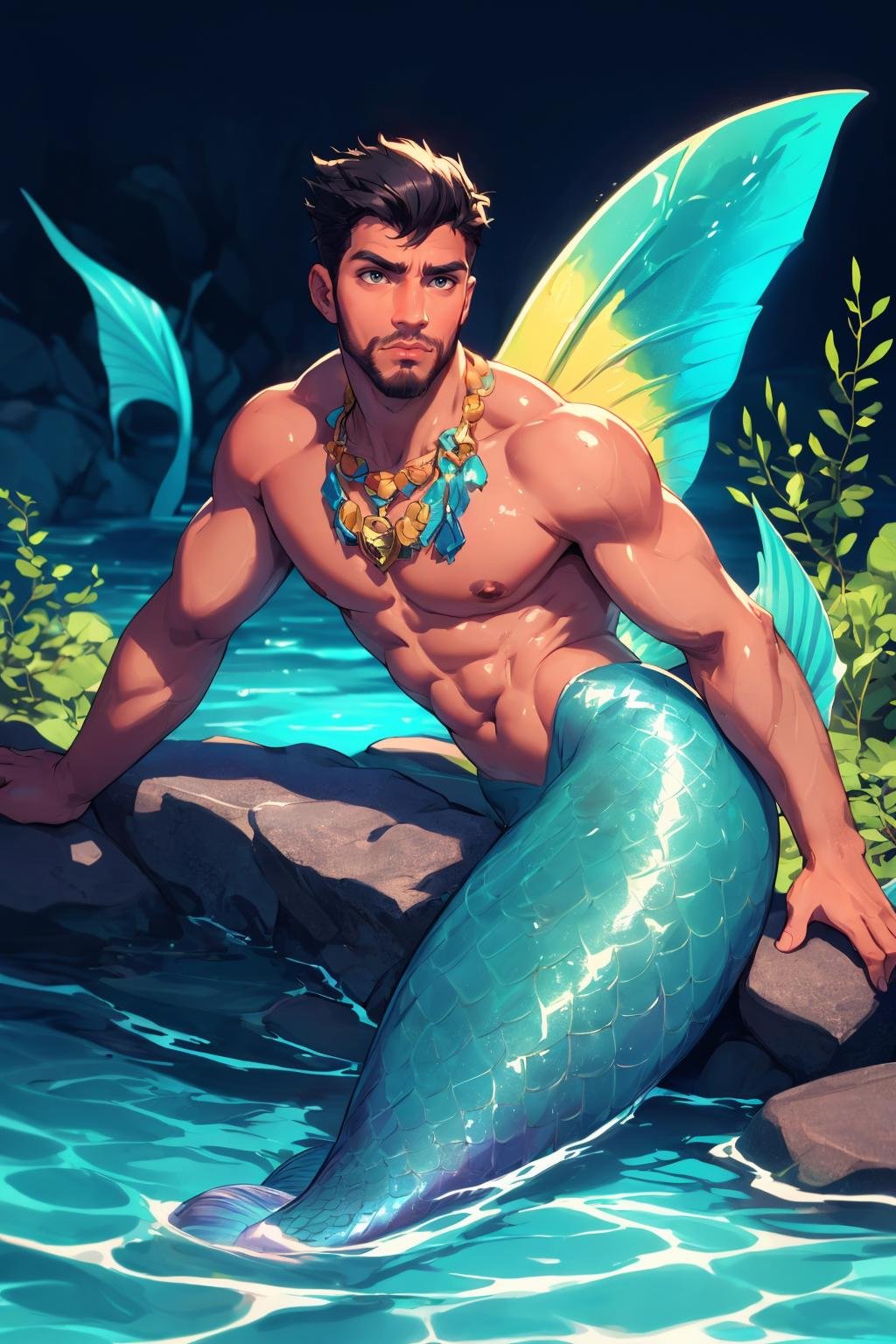 (best quality, masterpiece, detailed, absurdres:1.1), dynamic background, shallow dof, a handsome man, mermaid, colourful tail, sitting on rock water, colourful fins, (((dark skin))), (short black hair)