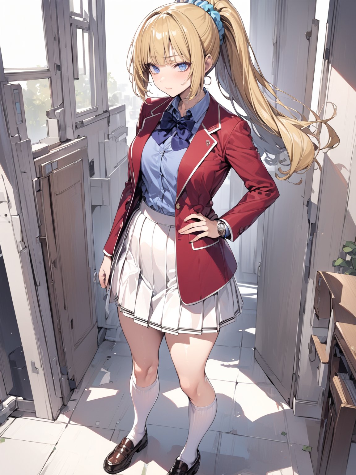 //Quality,
masterpiece, best quality, detailed
,//Character,
1girl, solo,KaruizawaKei, blue eyes, blonde hair, ponytail, hair ornament, bangs, breasts
,//Fashion,
school uniform, red jacket, open jacket, long sleeves, hair scrunchie, bowtie, white skirt, pleated skirt, kneehighs, white socks, shoes, loafers
,//Background,
simple_background
,//Others,
standing, hand on hip