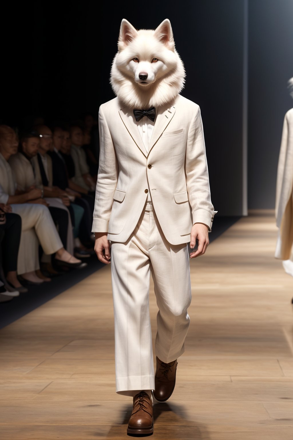 masterpiece,A fashionably dressed Samoyed dog, with a human-like body, donned in a white cotton-linen blend outfit, the dog model is walking down a runway, with poise and confidence, detailed,elegant -cloths