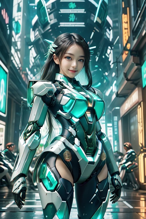 Masterpiece, High quality, 64K, Unity 64K Wallpaper, HDR, Best Quality, RAW, Super Fine Photography, Super High Resolution, Super Detailed, 
Beautiful and Aesthetic, Stunningly beautiful, Perfect proportions, 
1girl, Solo, White skin, Detailed skin, Realistic skin details, (Mecha:1.5)
Futuristic Mecha, Arms Mecha, Dynamic pose, Battle stance, Swaying hair, by FuturEvoLab, 
Dark City Night, Cyberpunk City, Cyberpunk architecture, Future architecture, Fine architecture, Accurate architectural structure, Detailed complex busy background, Gorgeous, Cherry blossoms,
Sharp focus, Perfect facial features, Pure and pretty, Perfect eyes, Lively eyes, Elegant face, Delicate face, Exquisite face, Green Crystal Mecha, 