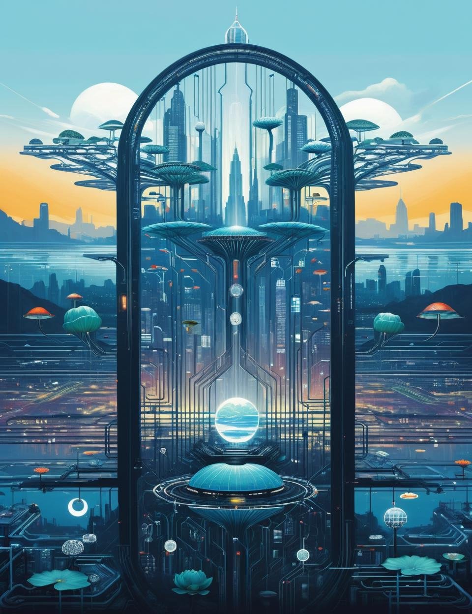 DonMC1rcu17Pl4nXL,tech,futuristic city, commuter,summit view,water lily, <lora:DonMC1rcu17Pl4nXL:0.8>