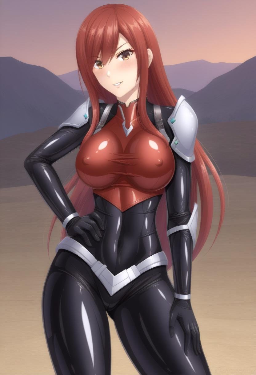 1girl, solo, latex bodysuit, latex, erect++ nipples, black bodysuit, bodysuit, shiny clothes, skin tight, looking at viewer, Erza Scarlet, tall, red hair, brown eyes, valley