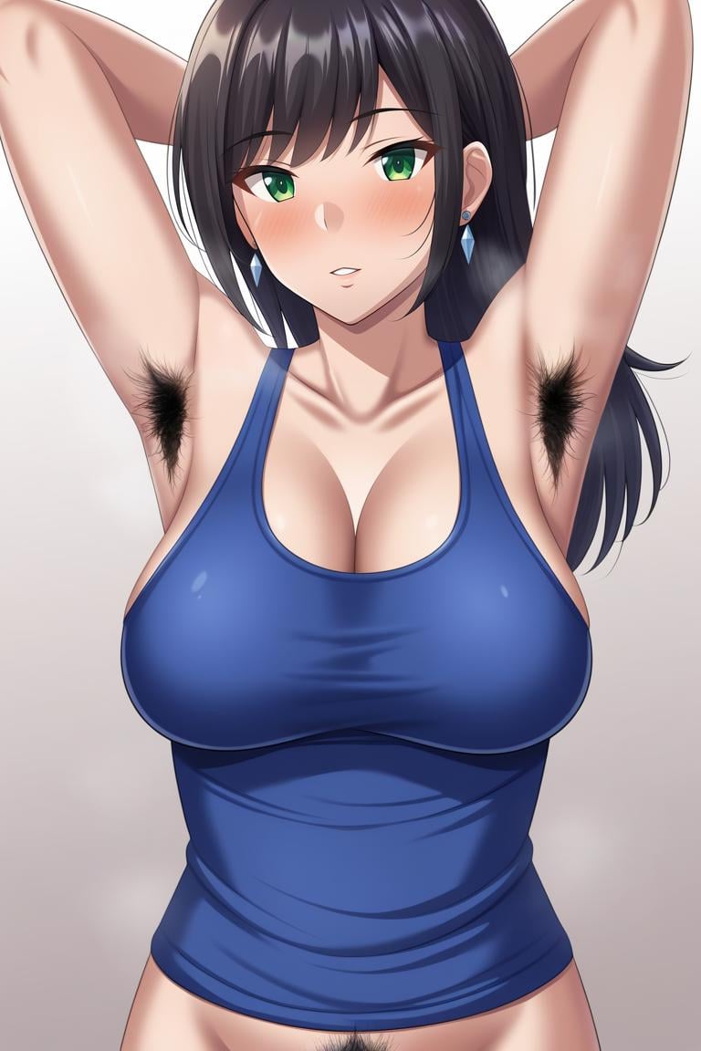 1girl, (((armpit_hair))), armpits, arms_behind_head, arms_up, bangs, black_hair, blush, breasts, cleavage, collarbone, earrings, excessive_pubic_hair, female_pubic_hair, gradient, gradient_background, green_eyes, long_hair, looking_at_viewer, medium_breasts, parted_lips, pubic_hair, sleeveless, solo, tank_top, upper_body