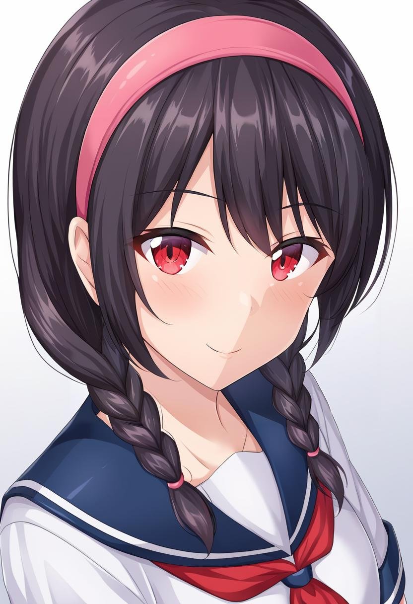 1girl, bangs, black_hair, black_sailor_collar, black_serafuku, braid, collarbone, gradient, gradient_background, hairband, long_hair, looking_at_viewer, neckerchief, pink_hairband, red_eyes, red_neckerchief, sailor_collar, school_uniform, serafuku, shirt, simple_background, solo, twin_braids, upper_body, white_background