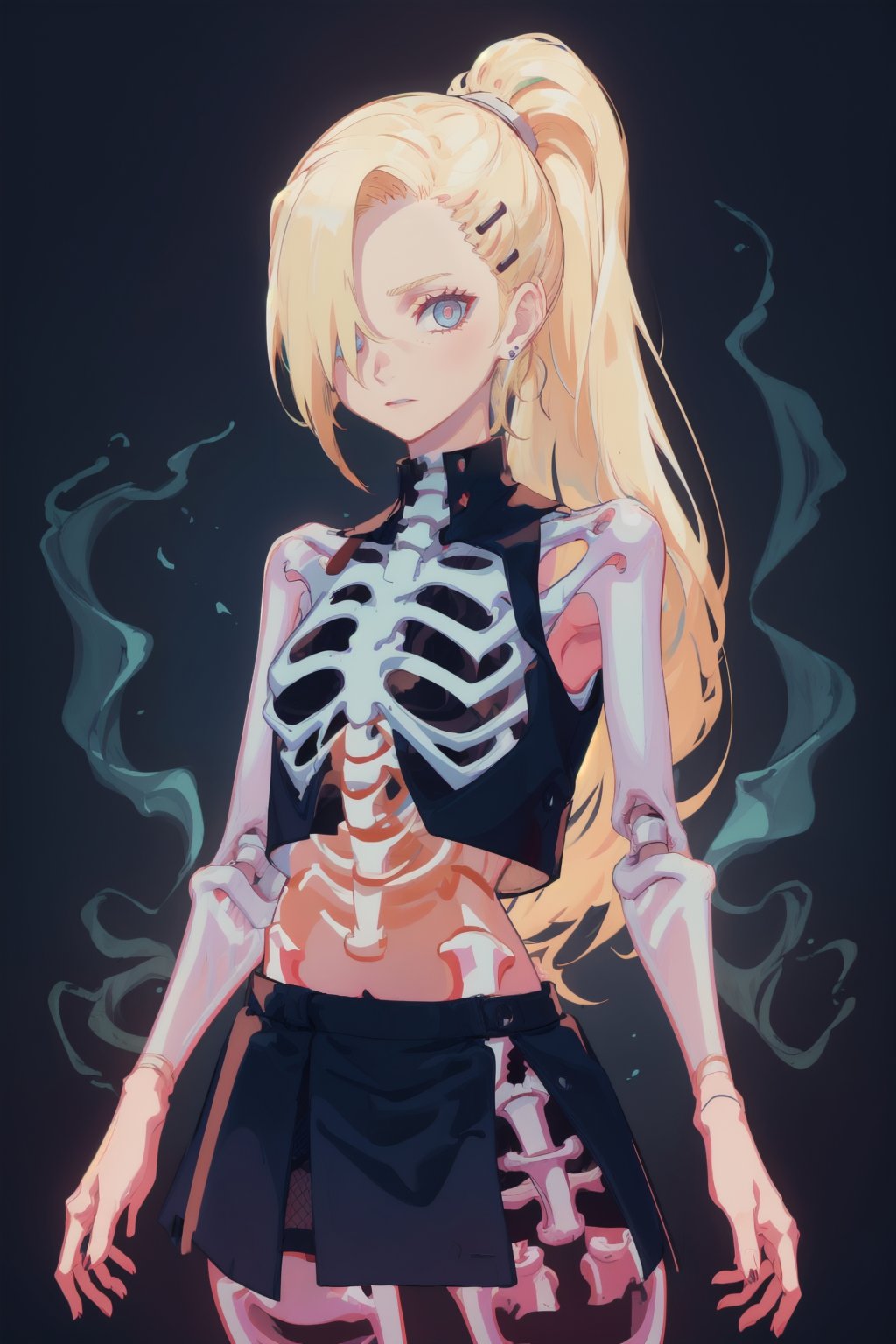 glowing skeleton, glowing veins, glowing, glowing eyes, aura, skeleton, 1ino, hair over one eye, ponytail, hairclip, crop top, sleeveless, skirt, fishnets, earrings, miriff, blonde hair, blue eyes ,yamanaka ino, (x-ray)