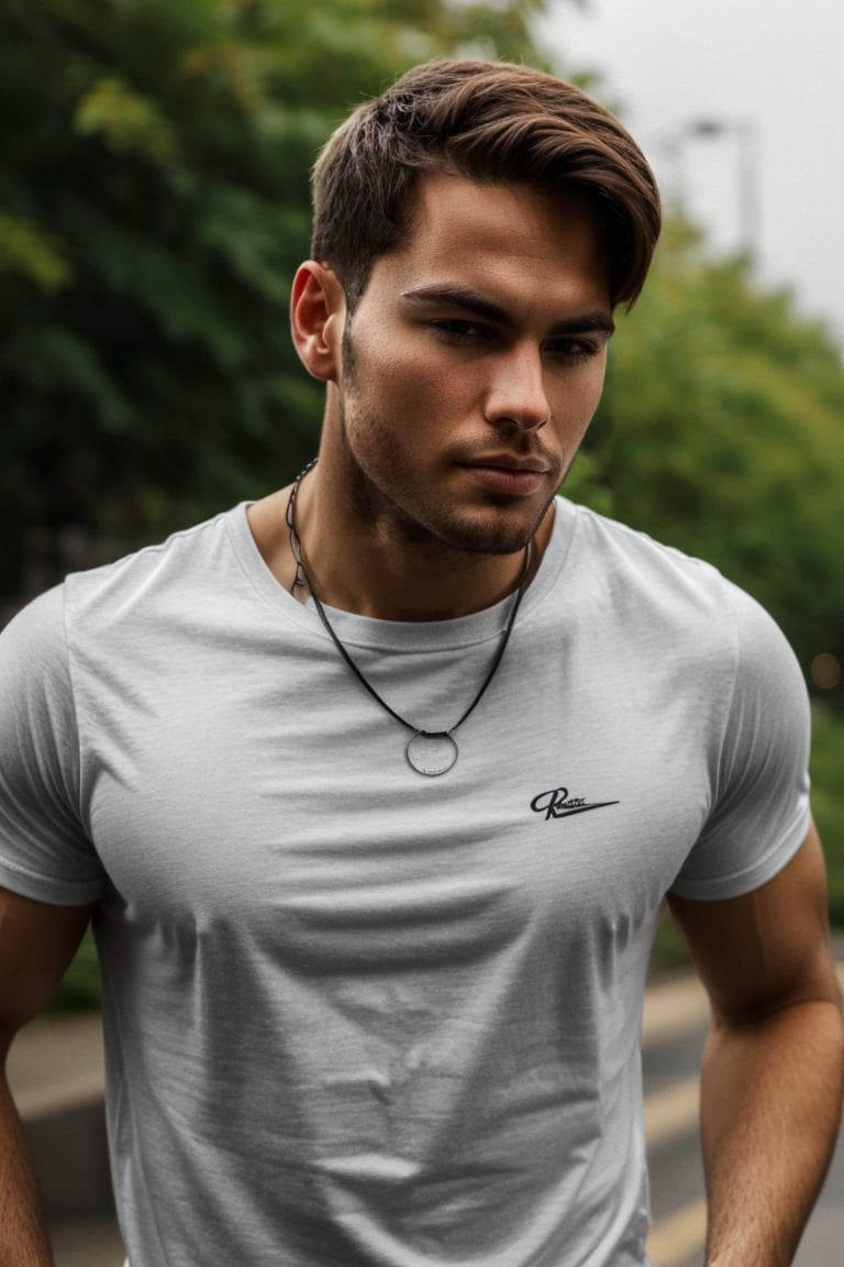  Photo upper body, skin clear, 8k, high_resolution, Masterpiece, background simple, looking at viewer,Photorealistic , 1boy, necklace,Guy, Without beard, youngest face, t-shirt 