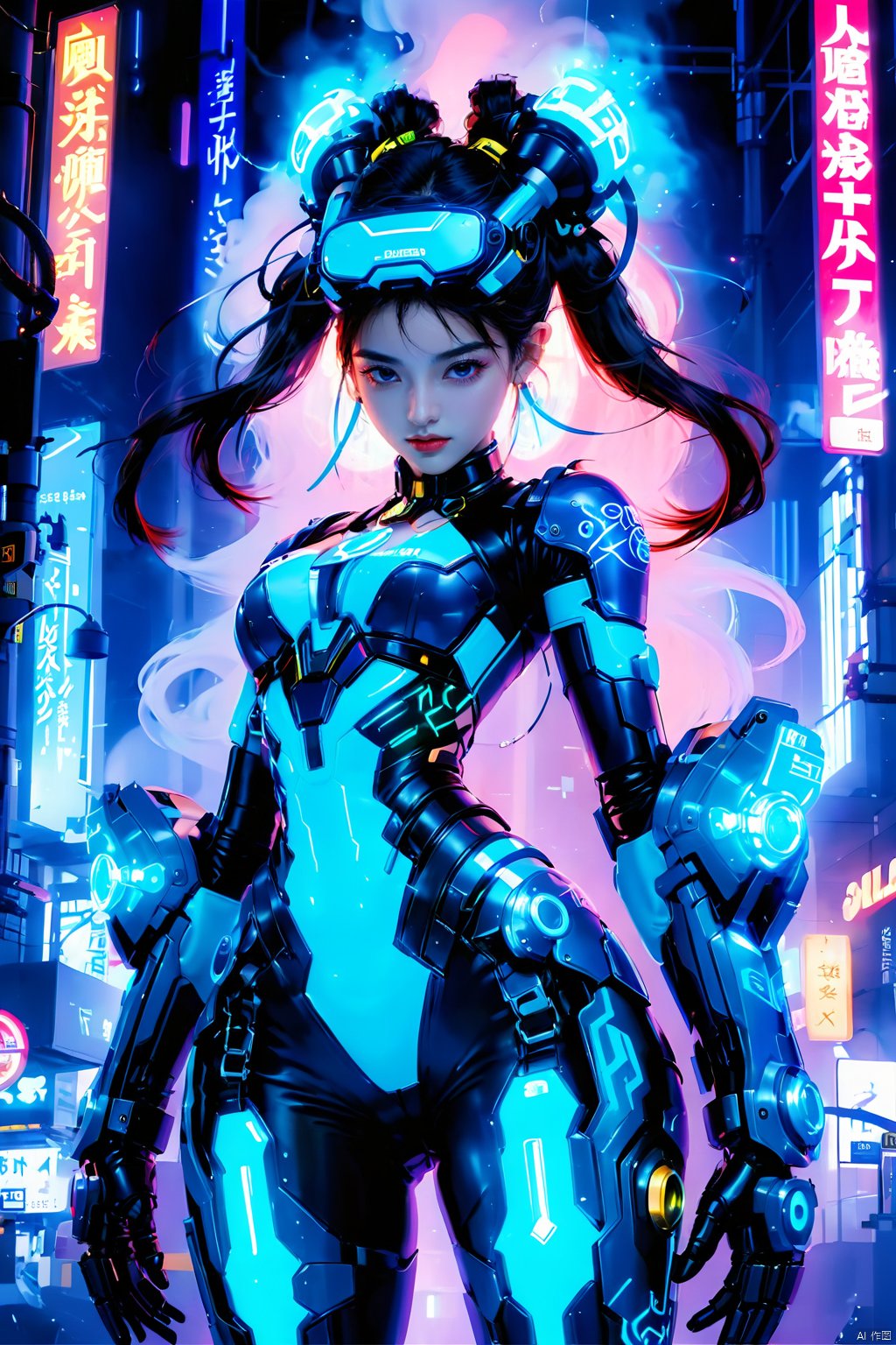 (masterpiece, best quality: 1.2) , 16K, 1girl, dynamic posture, VR, bioluminescent clothing, bioluminescent body, bioluminescent clothing, bioluminescent body text, armor, bioluminescent precision robotic arm, Mecha, (large area mech: 1.5) , glowing Metal headband, mechanical collar, metal bracelet, (Girl Pose: 1.2) , colored smoke, cyberpunk city background, glow, Neon, night, cyberpunk girl