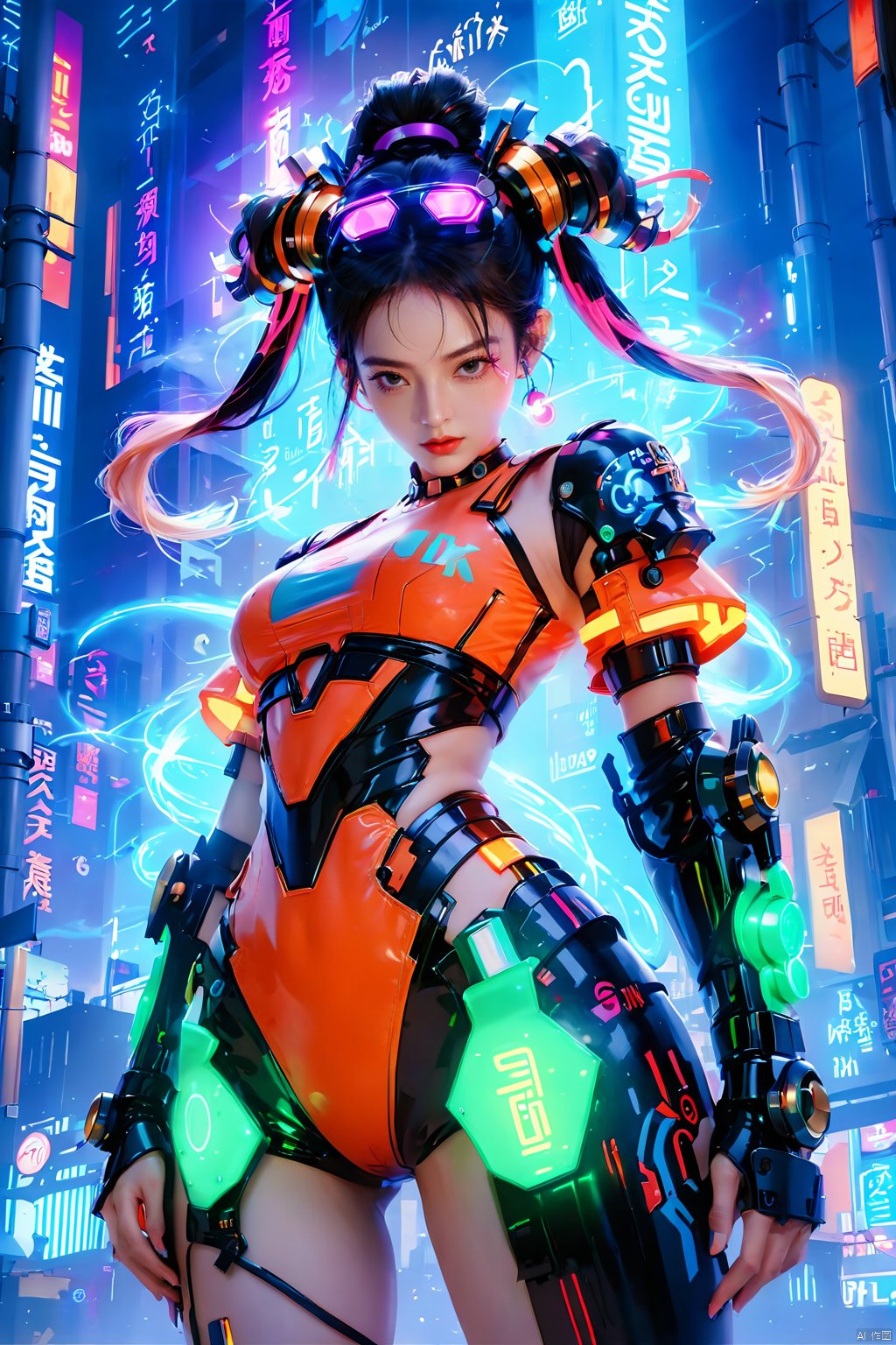 (masterpiece, best quality: 1.2) , 16K, 1girl, dynamic pose, glowing clothing, multi-line light on body, multi-light clothing, glowing text on body, Mech, Precision Mechanical Structure, double meatball head, glowing metal hair bands, mechanical collars, metal bracelets, (girl pose: 1.2) , colored smoke, city blocks, cyberpunk city background, glow, neon lights, night