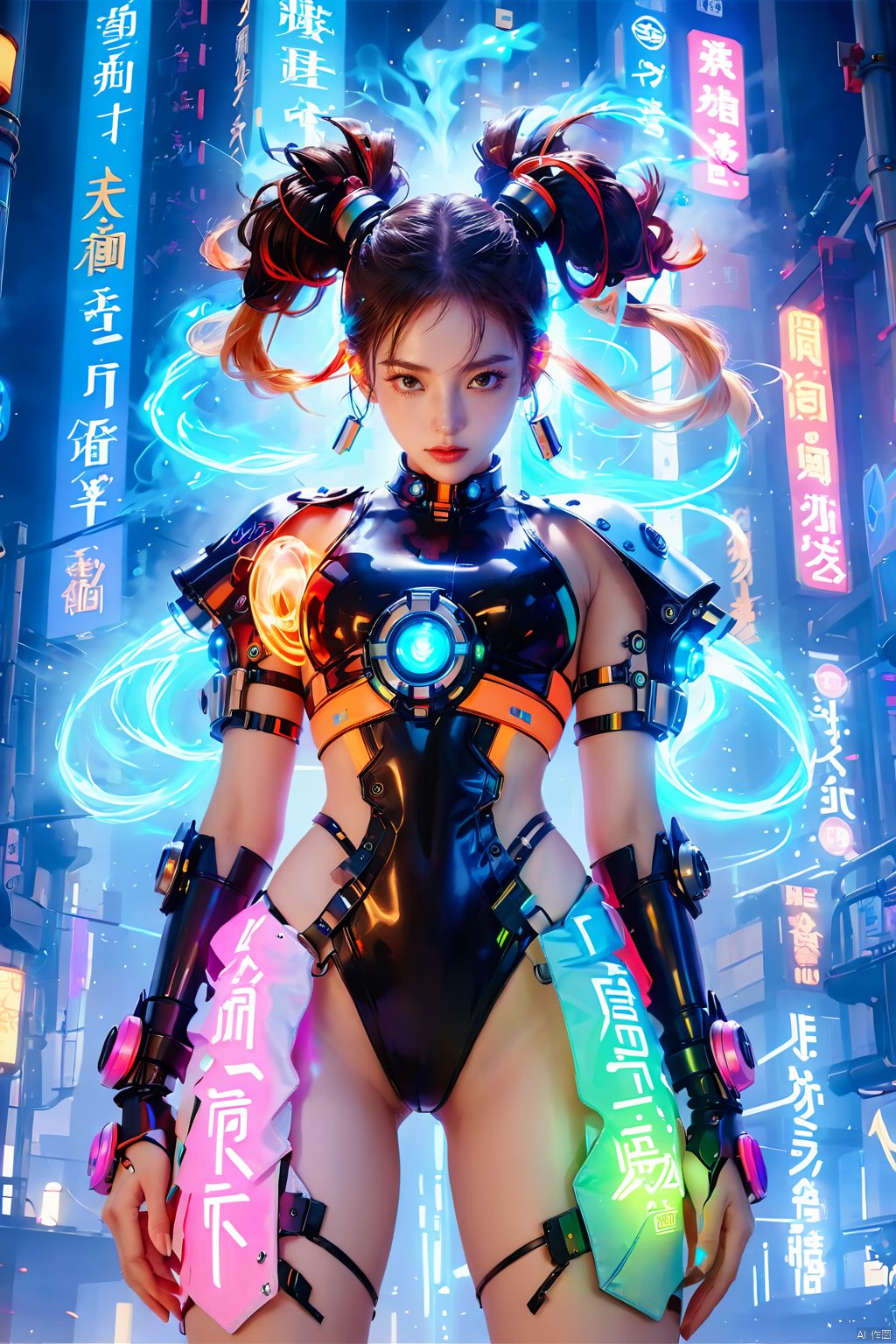 (masterpiece, best quality: 1.2) , 16K, 1girl, dynamic pose, glowing clothing, multi-line light on body, multi-light clothing, glowing text on body, Mech, Precision Mechanical Structure, double meatball head, glowing metal hair bands, mechanical collars, metal bracelets, (girl pose: 1.2) , colored smoke, city blocks, cyberpunk city background, glow, neon lights, night