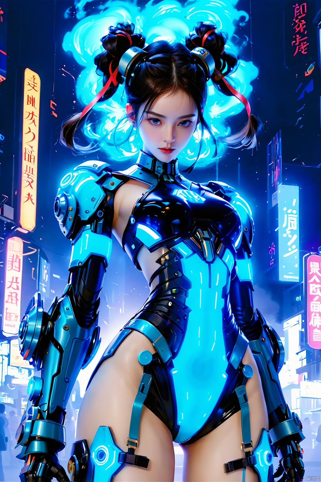 (masterpiece, best quality: 1.2) , 16K, 1girl, dynamic posture, VR, bioluminescent clothing, bioluminescent body, bioluminescent clothing, bioluminescent body text, armor, bioluminescent precision robotic arm, Mecha, (large area mech: 1.5) , glowing Metal headband, mechanical collar, metal bracelet, (Girl Pose: 1.2) , colored smoke,  glow, cyberpunk girl