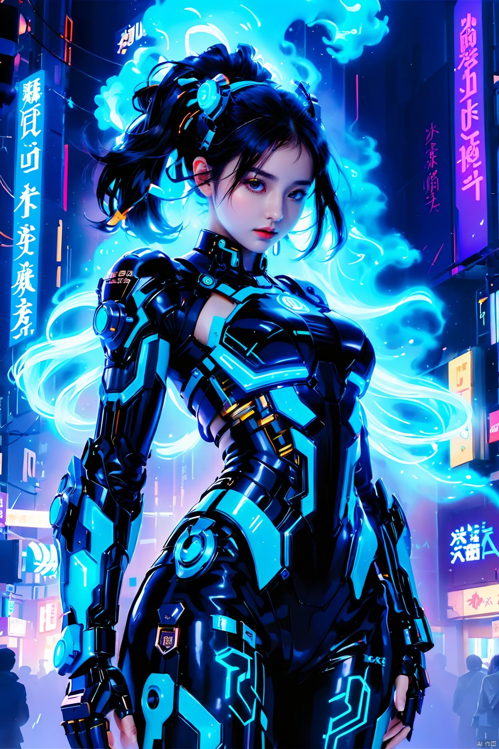 (masterpiece, best quality: 1.2) , 16K, 1girl, dynamic posture, VR, bioluminescent clothing, bioluminescent body, bioluminescent clothing, bioluminescent body text, armor, bioluminescent precision robotic arm, Mecha, (large area mech: 1.5) , glowing Metal headband, mechanical collar, metal bracelet, (Girl Pose: 1.2) , colored smoke, cyberpunk city background, glow, Neon, night, cyberpunk girl