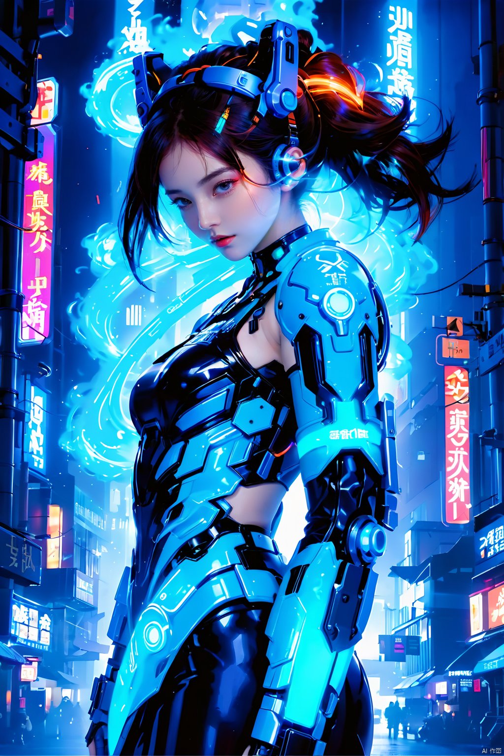 (masterpiece, best quality: 1.2) , 16K, 1girl, dynamic posture, VR, bioluminescent clothing, bioluminescent body, bioluminescent clothing, bioluminescent body text, armor, bioluminescent precision robotic arm, Mecha, (large area mech: 1.5) , glowing Metal headband, mechanical collar, metal bracelet, (Girl Pose: 1.2) , colored smoke, cyberpunk city background, glow, Neon, night, cyberpunk girl