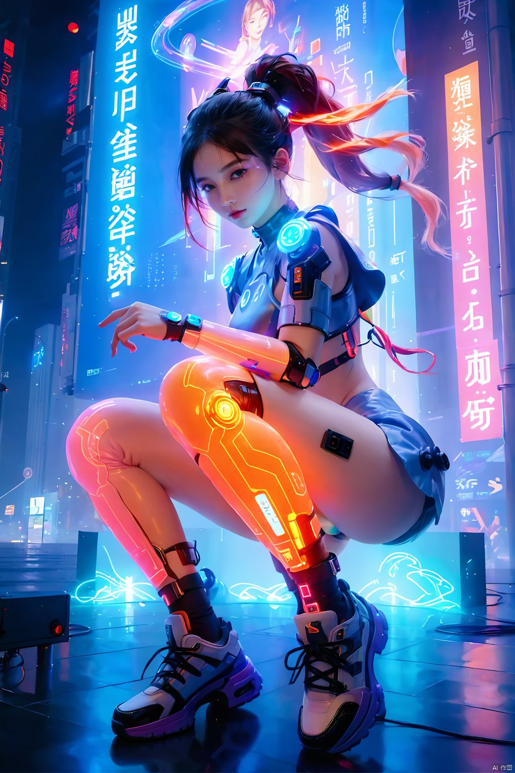 (masterpiece, best quality: 1.2) , 16K, horizontal image quality, technology of the future, 1girl, (side squat: 1.3) , glowing clothing, multi-line light on body, multi-light on body, glowing text on body,meatball head, (glowing electronic screen) , (electronic message flow: 1.3) , holographic projection, (glowing electronic screen on ARM: 1.2) , glowing text on thigh, (girl pose: 1.2) , glowing electronic shoes, body, colored smoke, city blocks, skyscrapers, neon signs, hand,A cyberpunk girl