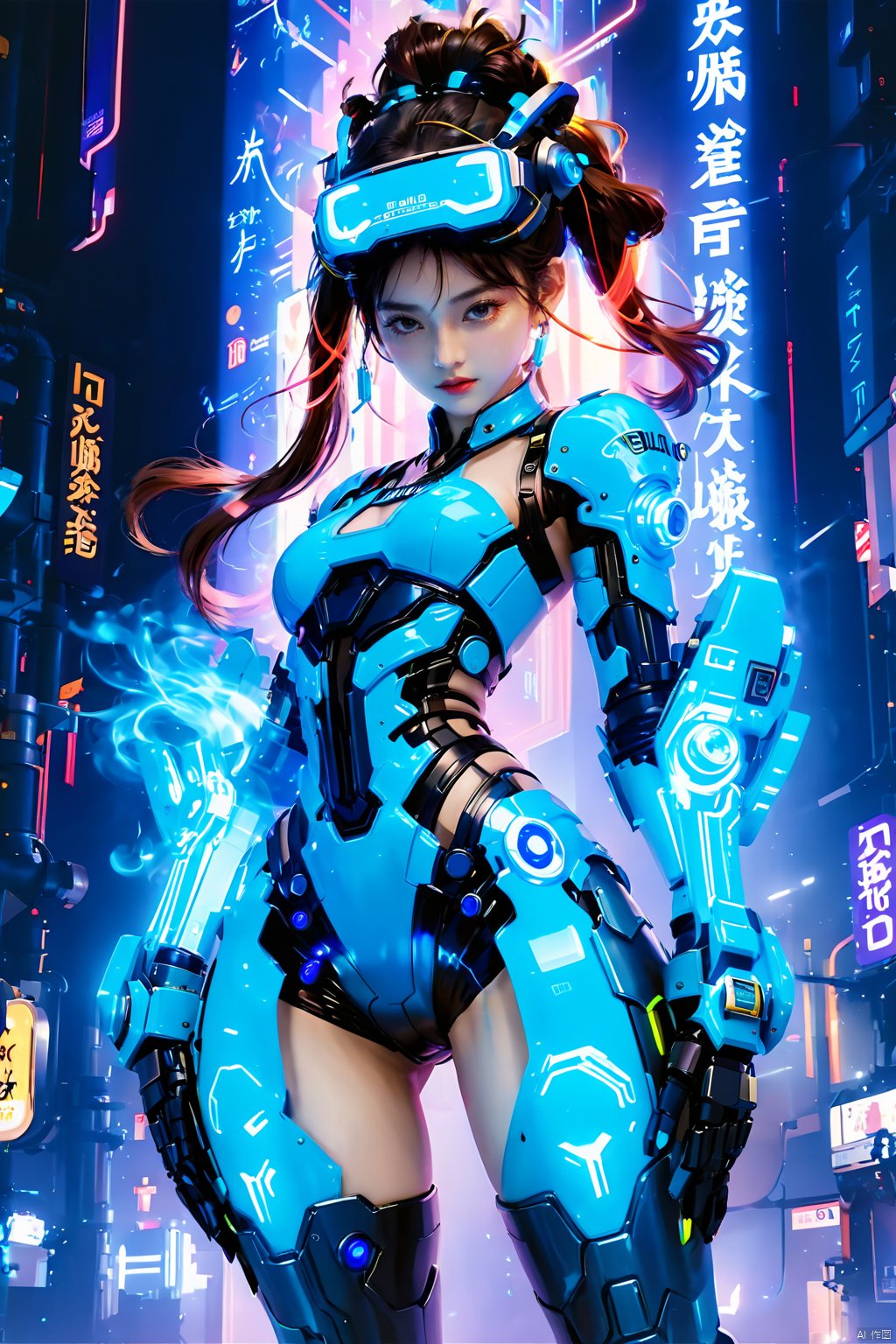 (masterpiece, best quality: 1.2) , 16K, 1girl, dynamic posture, VR, bioluminescent clothing, bioluminescent body, bioluminescent clothing, bioluminescent body text, armor, bioluminescent precision robotic arm, Mecha, (large area mech: 1.5) , glowing Metal headband, mechanical collar, metal bracelet, (Girl Pose: 1.2) , colored smoke,  glow, cyberpunk girl