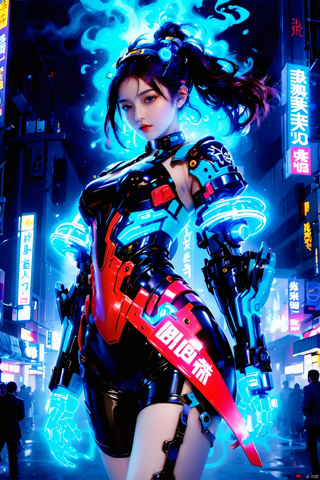 (masterpiece, best quality: 1.2) , 16K, 1girl, dynamic posture, VR, bioluminescent clothing, bioluminescent body, bioluminescent clothing, bioluminescent body text, armor, bioluminescent precision robotic arm, Mecha, (large area mech: 1.5) , glowing Metal headband, mechanical collar, metal bracelet, (Girl Pose: 1.2) , colored smoke, cyberpunk city background, glow, Neon, night, cyberpunk girl