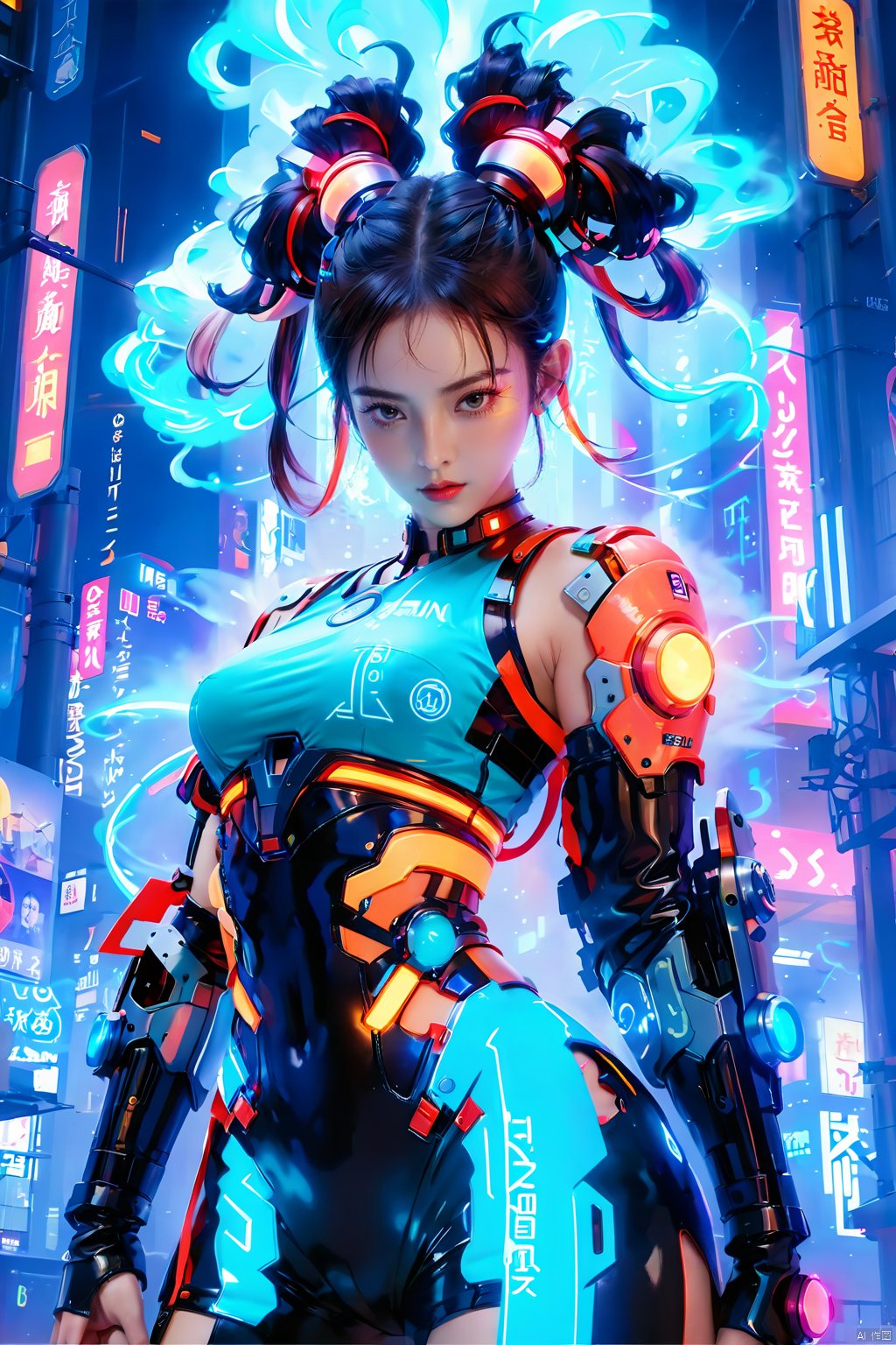 (masterpiece, best quality: 1.2) , 16K, 1girl, dynamic pose, glowing clothing, multi-line light on body, multi-light clothing, glowing text on body, Mech, Precision Mechanical Structure, double meatball head, glowing metal hair bands, mechanical collars, metal bracelets, (girl pose: 1.2) , colored smoke, city blocks, cyberpunk city background, glow, neon lights, night