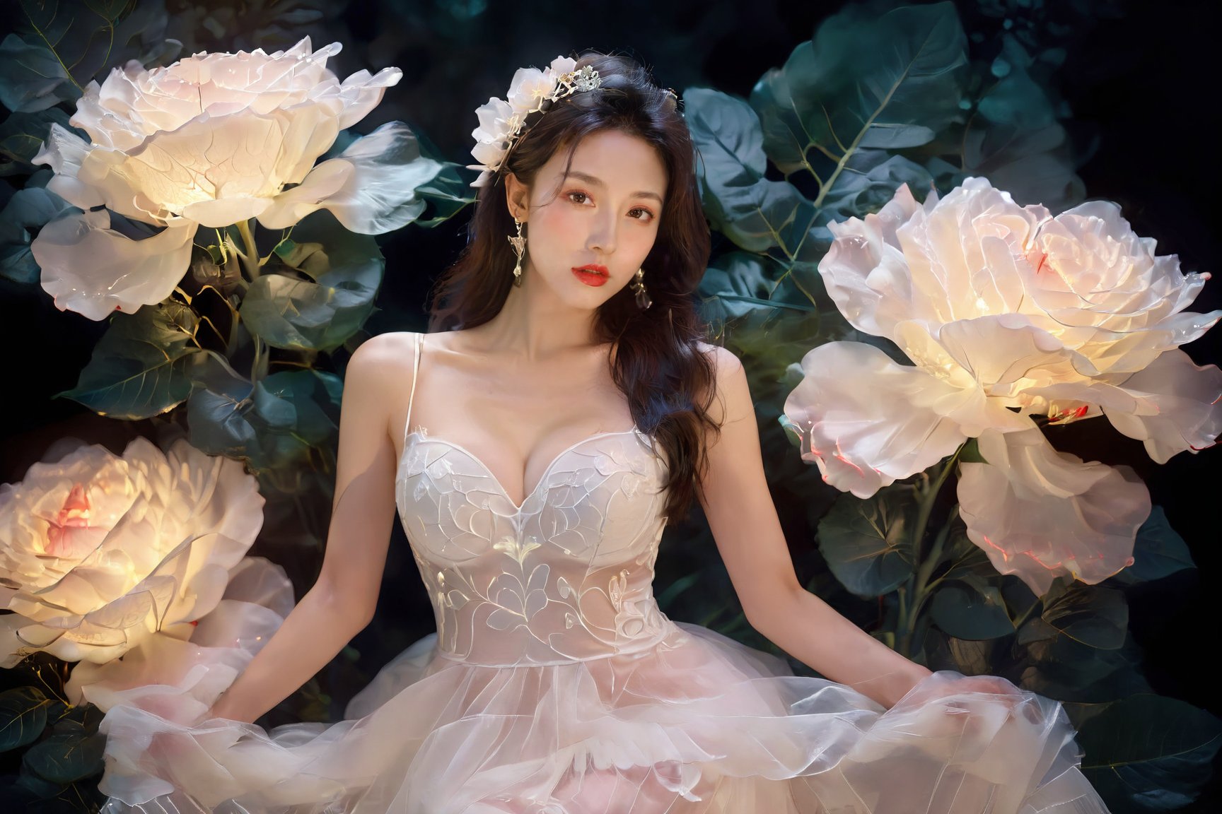 1girl, solo, long hair, breasts, looking at viewer, brown hair, black hair, hair ornament, dress, cleavage, bare shoulders, brown eyes, jewelry, medium breasts, standing, collarbone, flower, cowboy shot, earrings, parted lips, sleeveless, hair flower, white dress, lips, see-through, makeup, sleeveless dress, white flower, lipstick, stairs, realistic, arms at sides, red lips<lora:EMS-310343-EMS:0.800000>