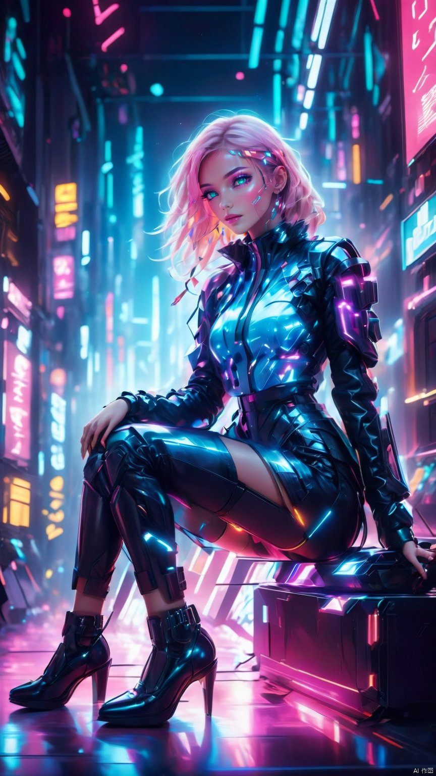  1girl, custom-made suits, high heels, delicate handbags,sitting in the front row, one hand on his chin, watching the catwalk show,the brightly-lit venue of Fashion Week,a bright light that focuses on the stage,Fashion Elite, showing the focus and love of fashion,glowing, KALEIDOSHATTER, Android and cyberpunk futuristic image