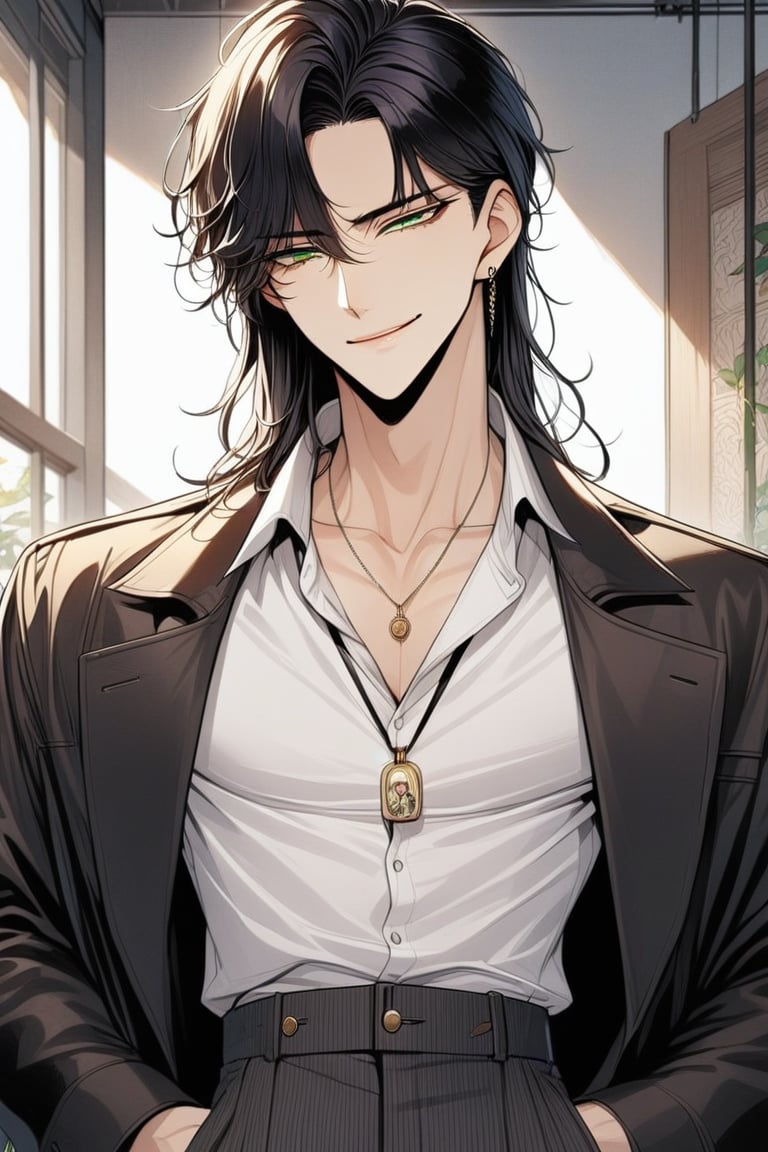 1boy,black_hair,long_hair,smirk,green_eyes,korean_fashion,white_shirt,black_coat,trousers,pendant,jesus_pendant,(masterpiece,best quality,highres:1.2),detailed,manhwa, detailed_face