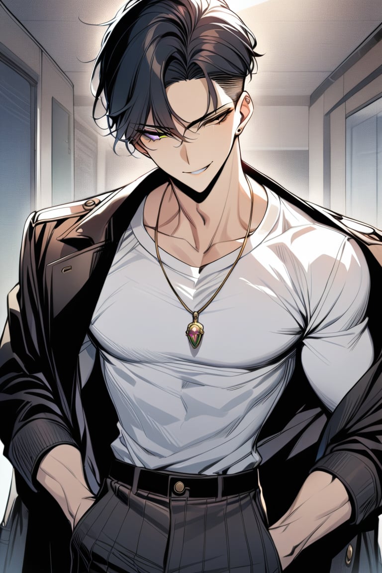 1boy,black_hair,undercut,smirk,green_eyes,korean_fashion,white_shirt,black_coat,trousers,pendant,jesus_pendant,(masterpiece,best quality,highres:1.3),detailed,manhwa, detailed_face